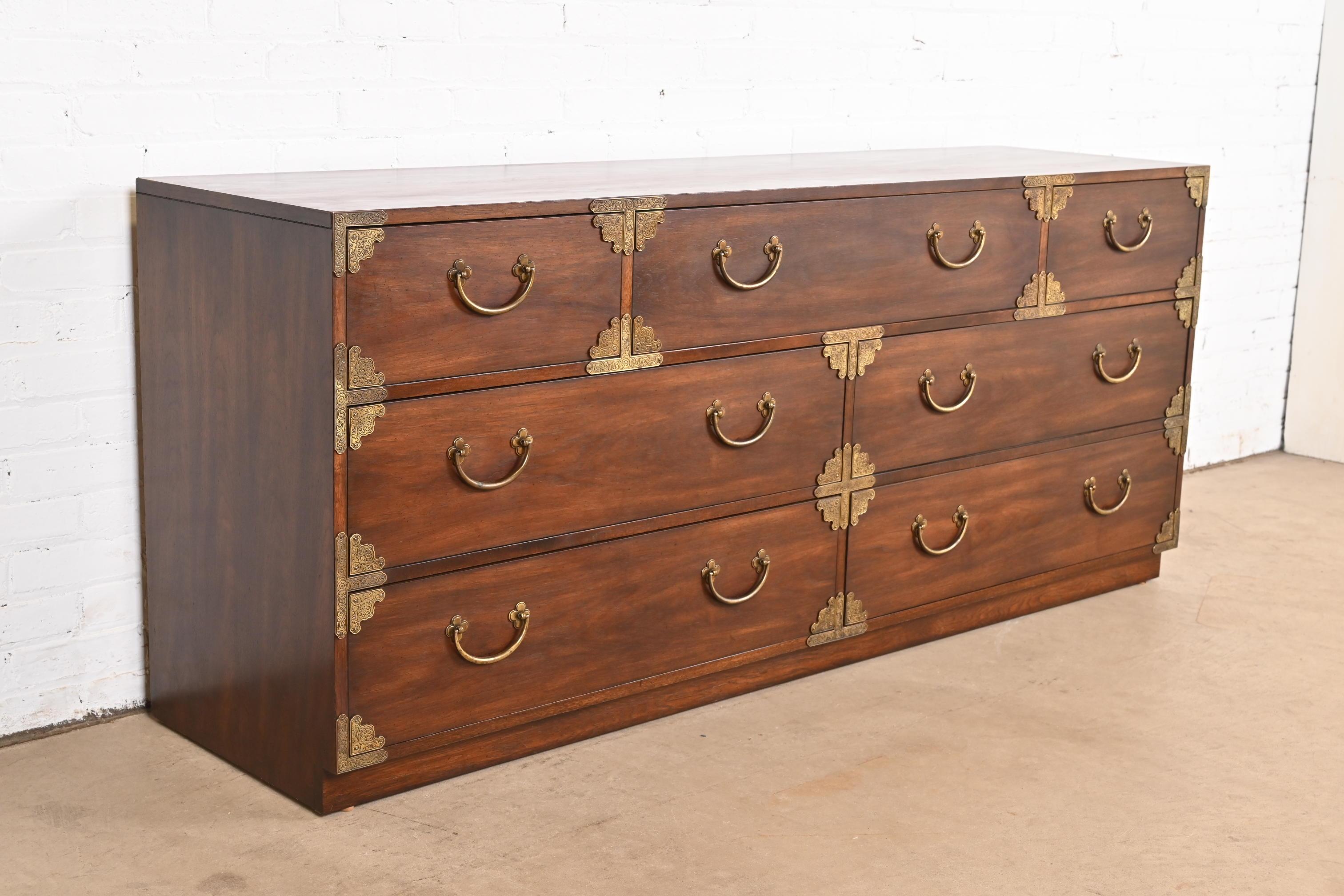 Brass Thomasville Mid-Century Hollywood Regency Campaign Walnut Dresser or Credenza For Sale