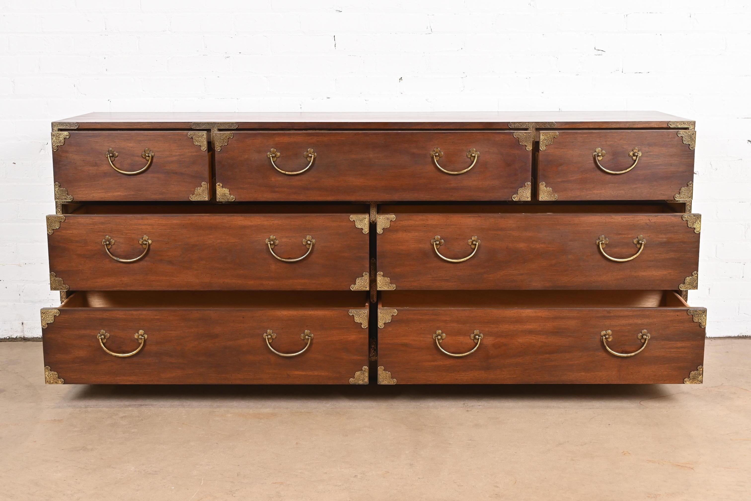 Thomasville Mid-Century Hollywood Regency Campaign Walnut Dresser or Credenza For Sale 2