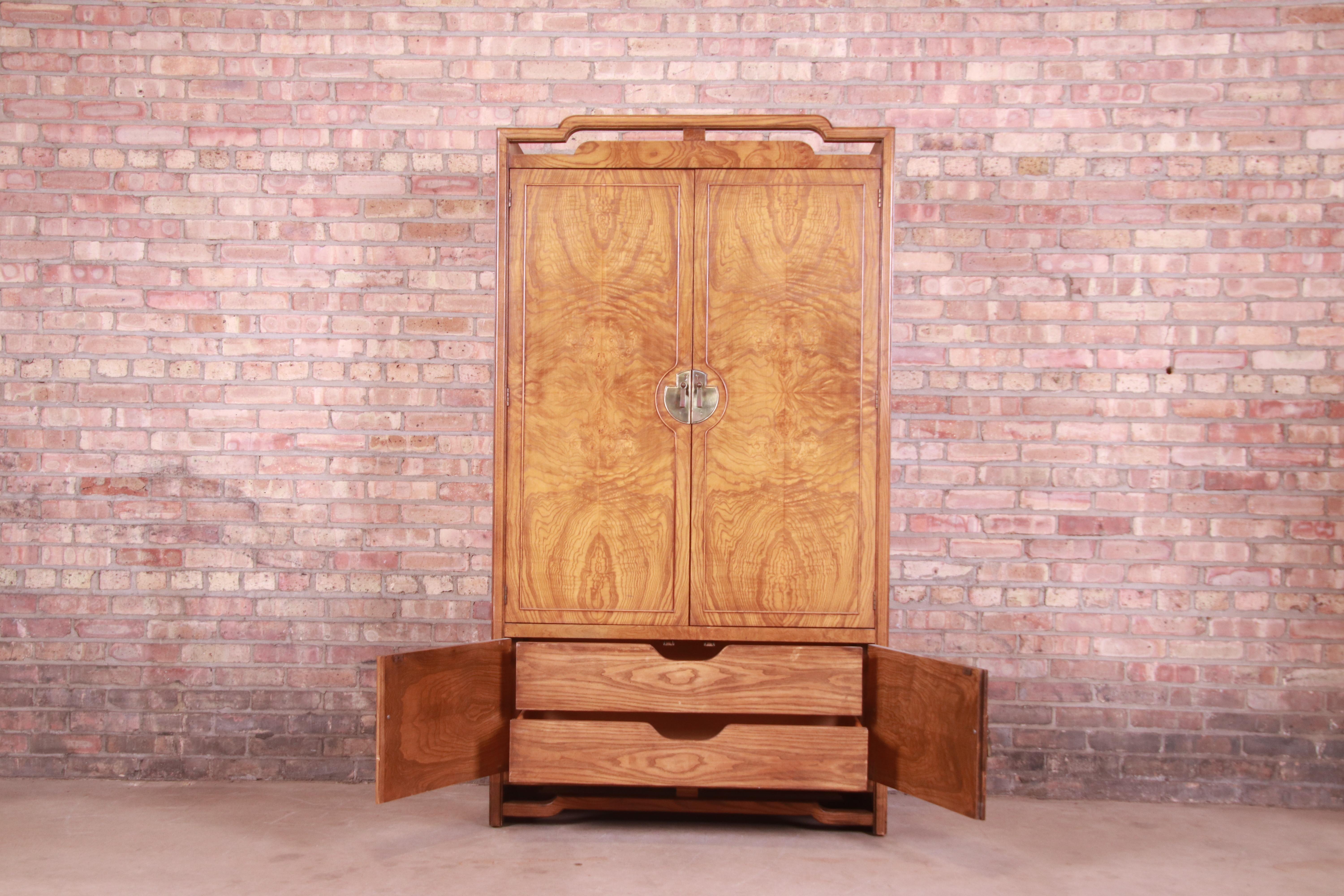 American Thomasville Mid-Century Hollywood Regency Chinoiserie Burl Wood Armoire Dresser