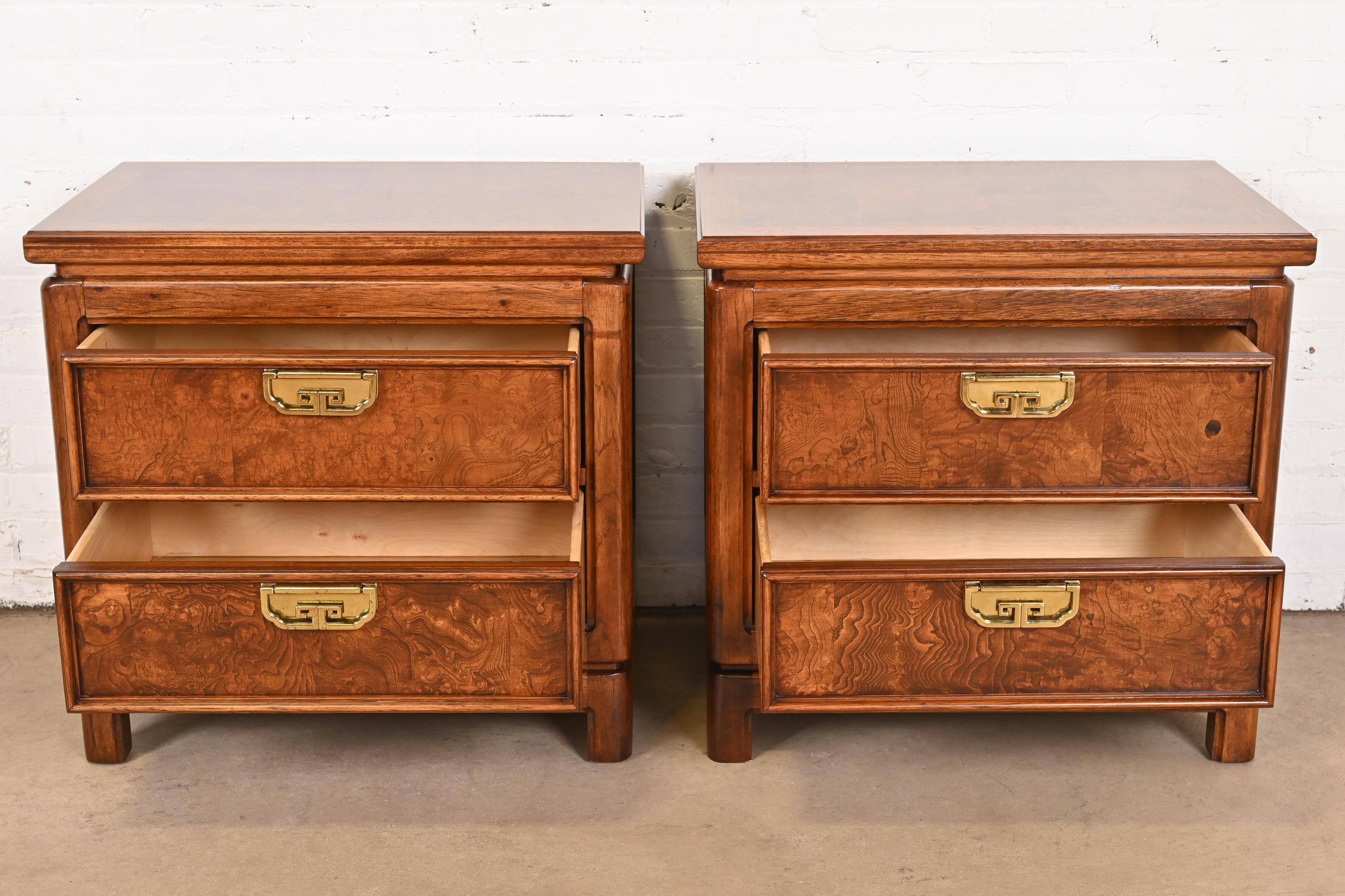 Thomasville Mid-Century Hollywood Regency Chinoiserie Burl Wood Nightstands 2
