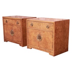 Thomasville Mid-Century Hollywood Regency Chinoiserie Burl Wood Nightstands