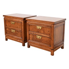Thomasville Mid-Century Hollywood Regency Chinoiserie Burl Wood Nightstands
