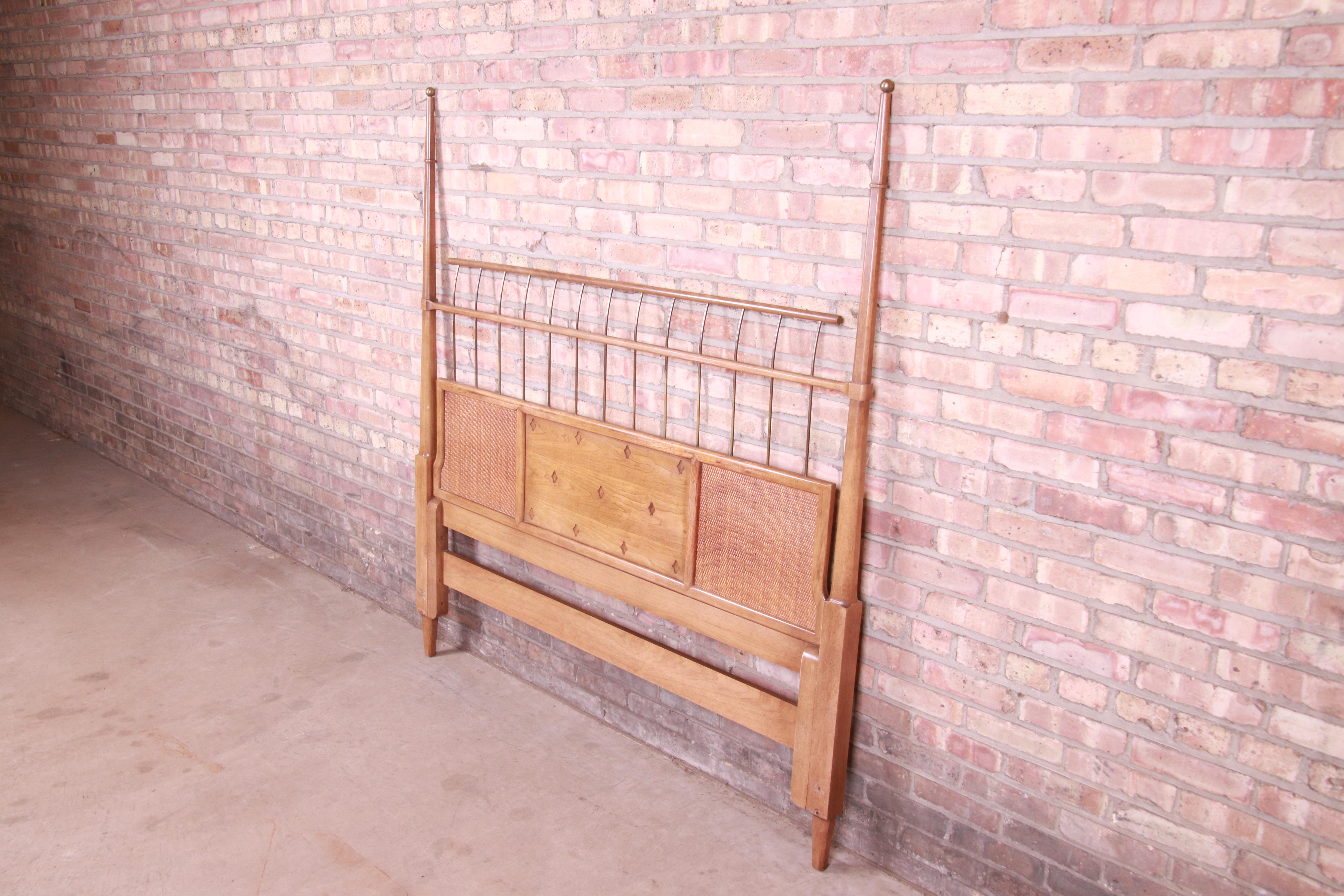 American Thomasville Mid-Century Modern Bleached Mahogany and Brass Queen Size Headboard