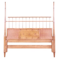 Retro Thomasville Mid-Century Modern Bleached Mahogany and Brass Queen Size Headboard