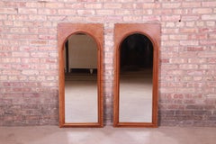 Thomasville Mid-Century Modern Burled Walnut Framed Arched Mirrors, Pair