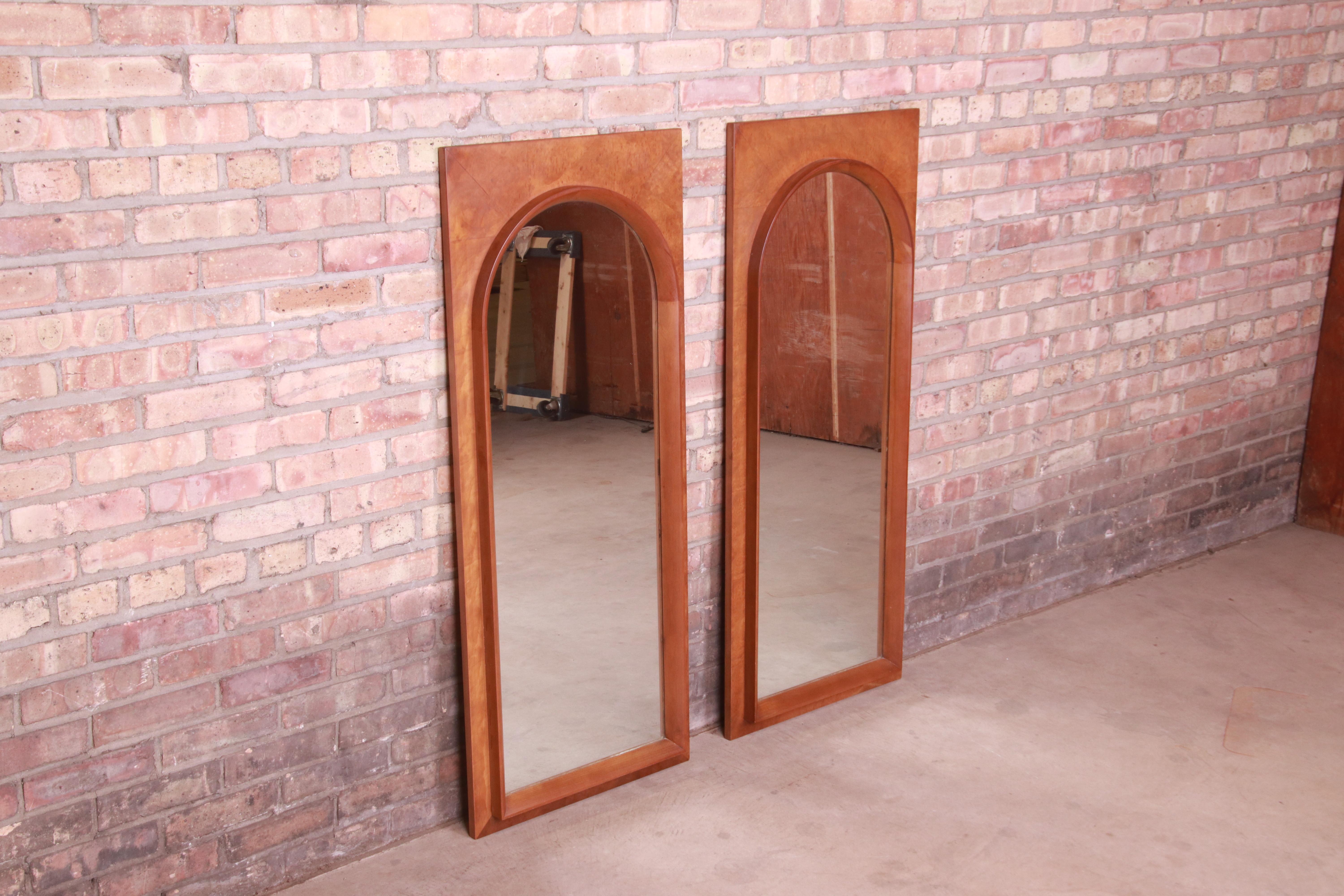 American Thomasville Mid-Century Modern Burled Walnut Framed Arched Mirrors, Pair