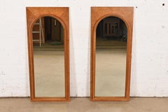 Thomasville Mid-Century Modern Burled Walnut Framed Arched Wall Mirrors, Pair