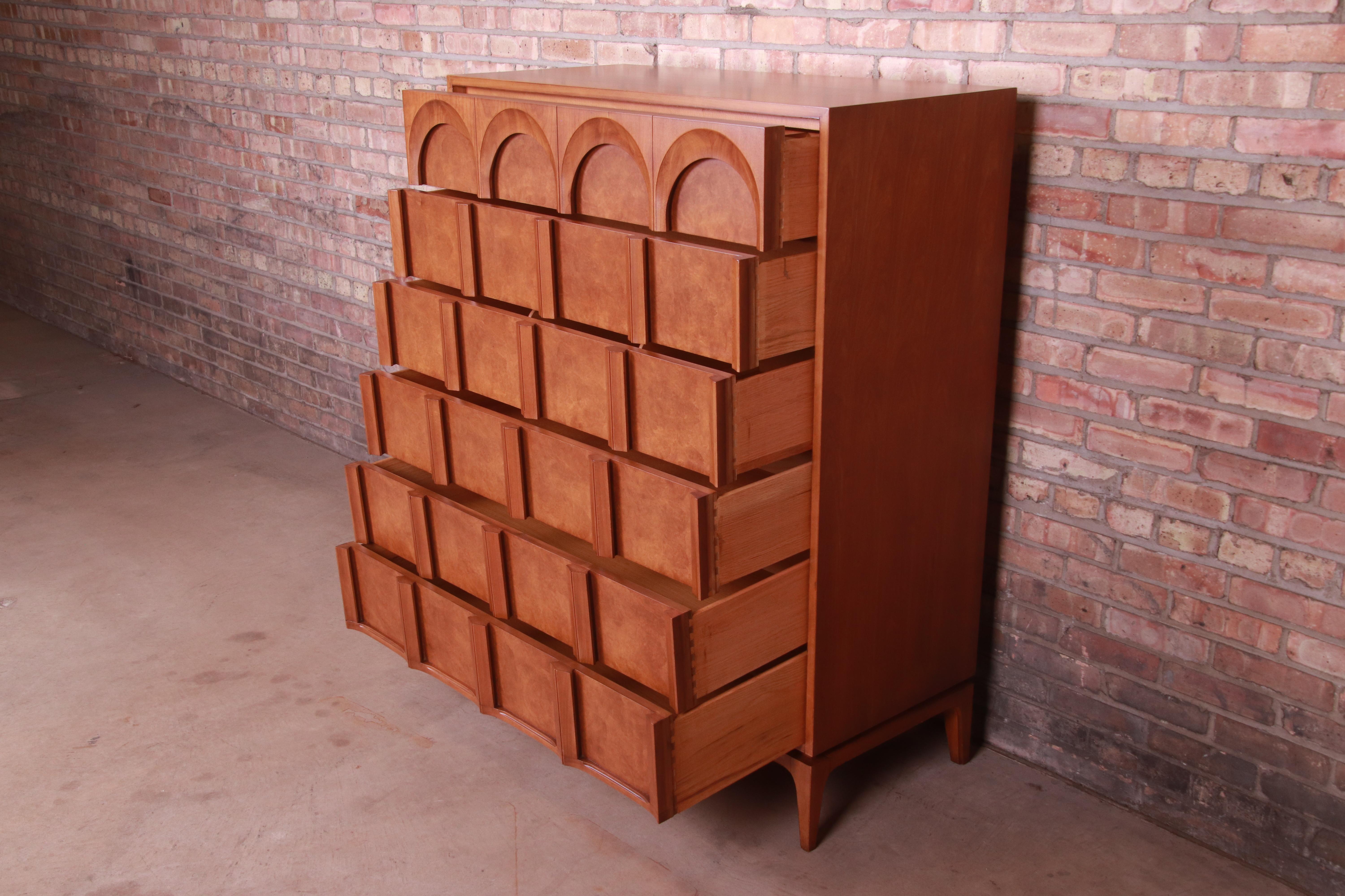 Thomasville Mid-Century Modern Burled Walnut Highboy Dresser, Newly Refinished 4