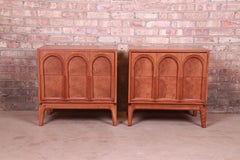 Thomasville Mid-Century Modern Burled Walnut Nightstands, Newly Refinished