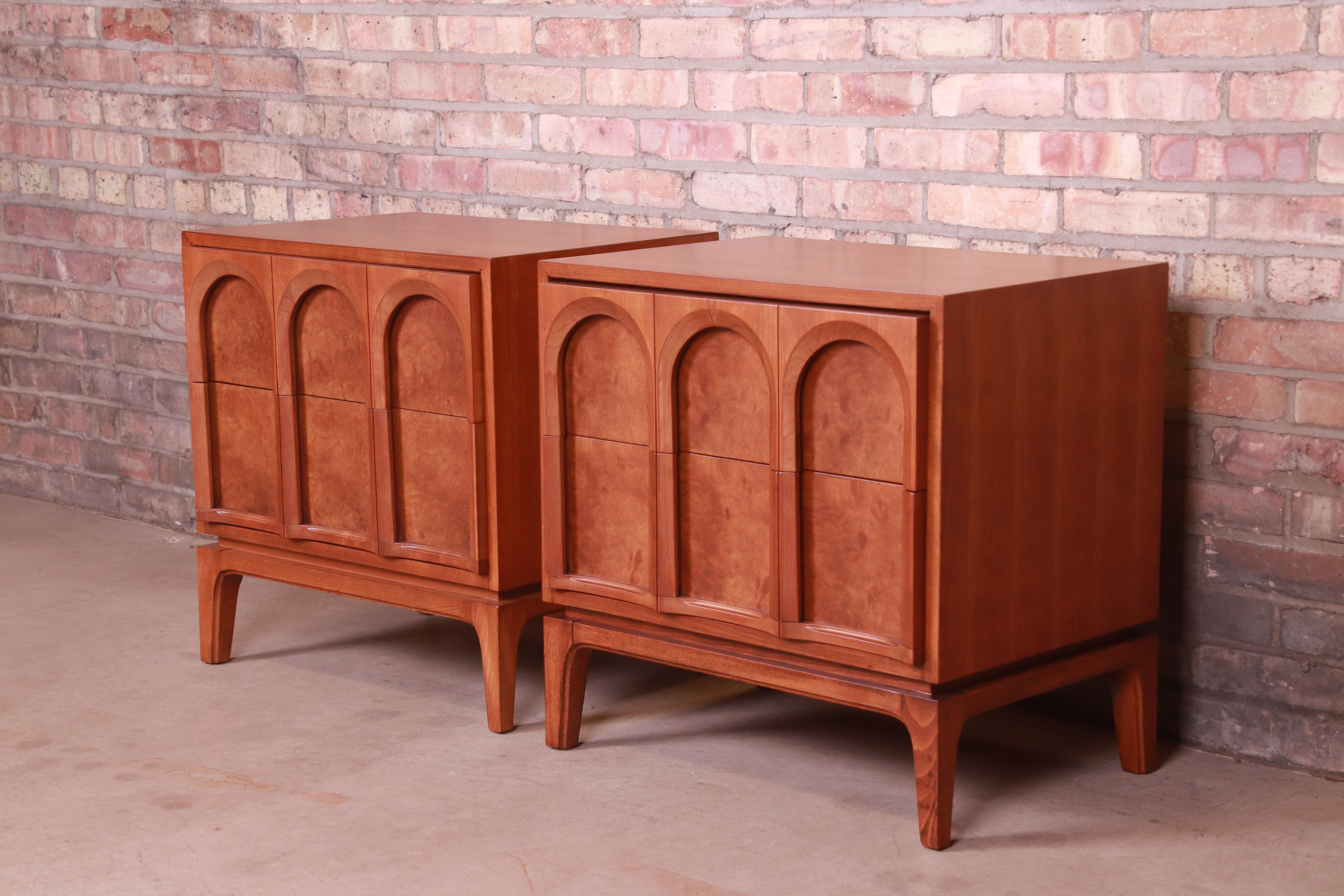 20th Century Thomasville Mid-Century Modern Burled Walnut Nightstands, Newly Refinished