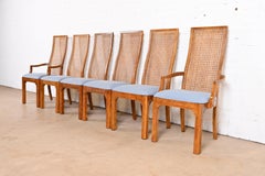 Thomasville Mid-Century Modern Oak and Cane High Back Dining Chairs, Set of Six