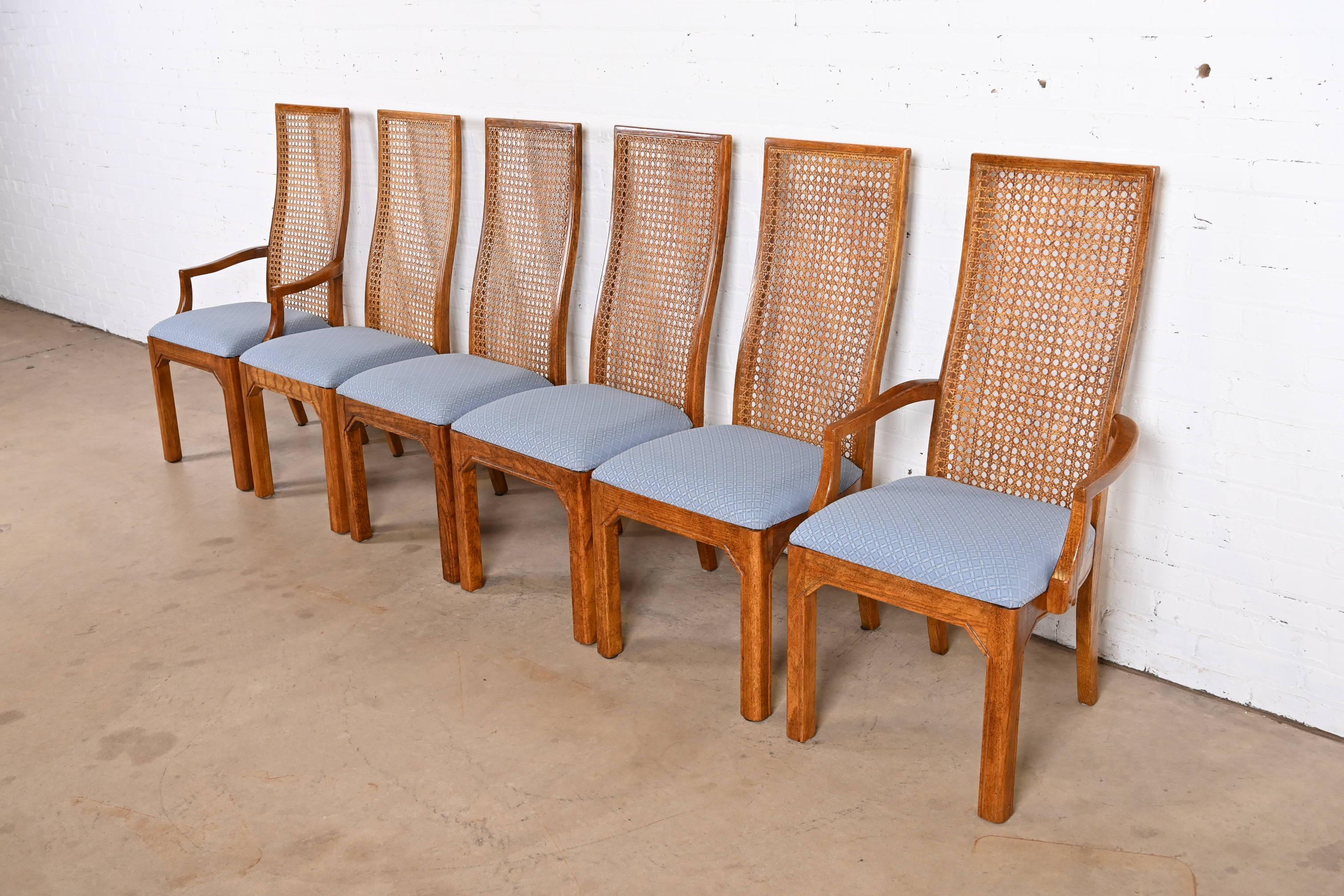 American Thomasville Mid-Century Modern Oak and Cane High Back Dining Chairs, Set of Six