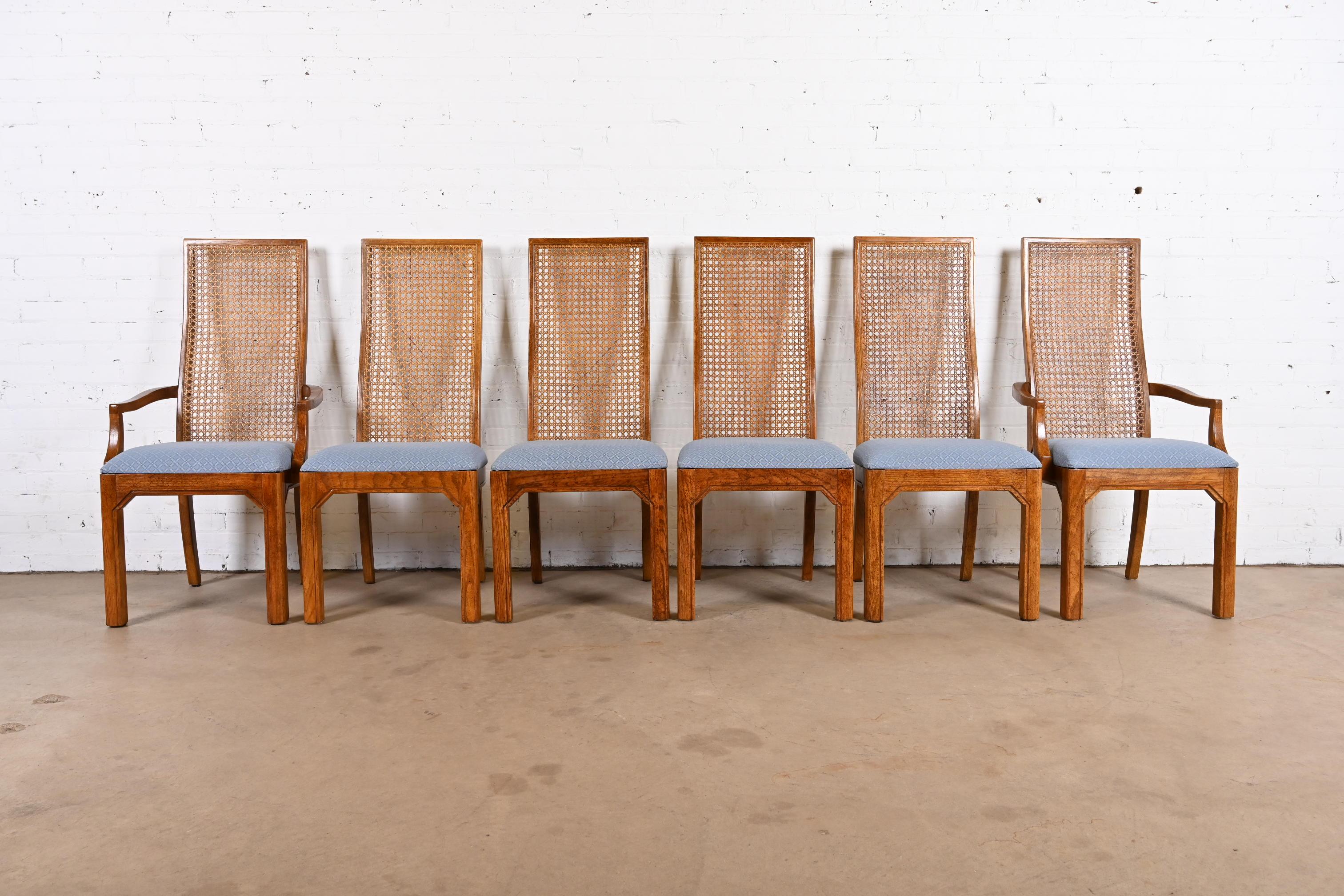 Thomasville Mid-Century Modern Oak and Cane High Back Dining Chairs, Set of Six In Good Condition In South Bend, IN