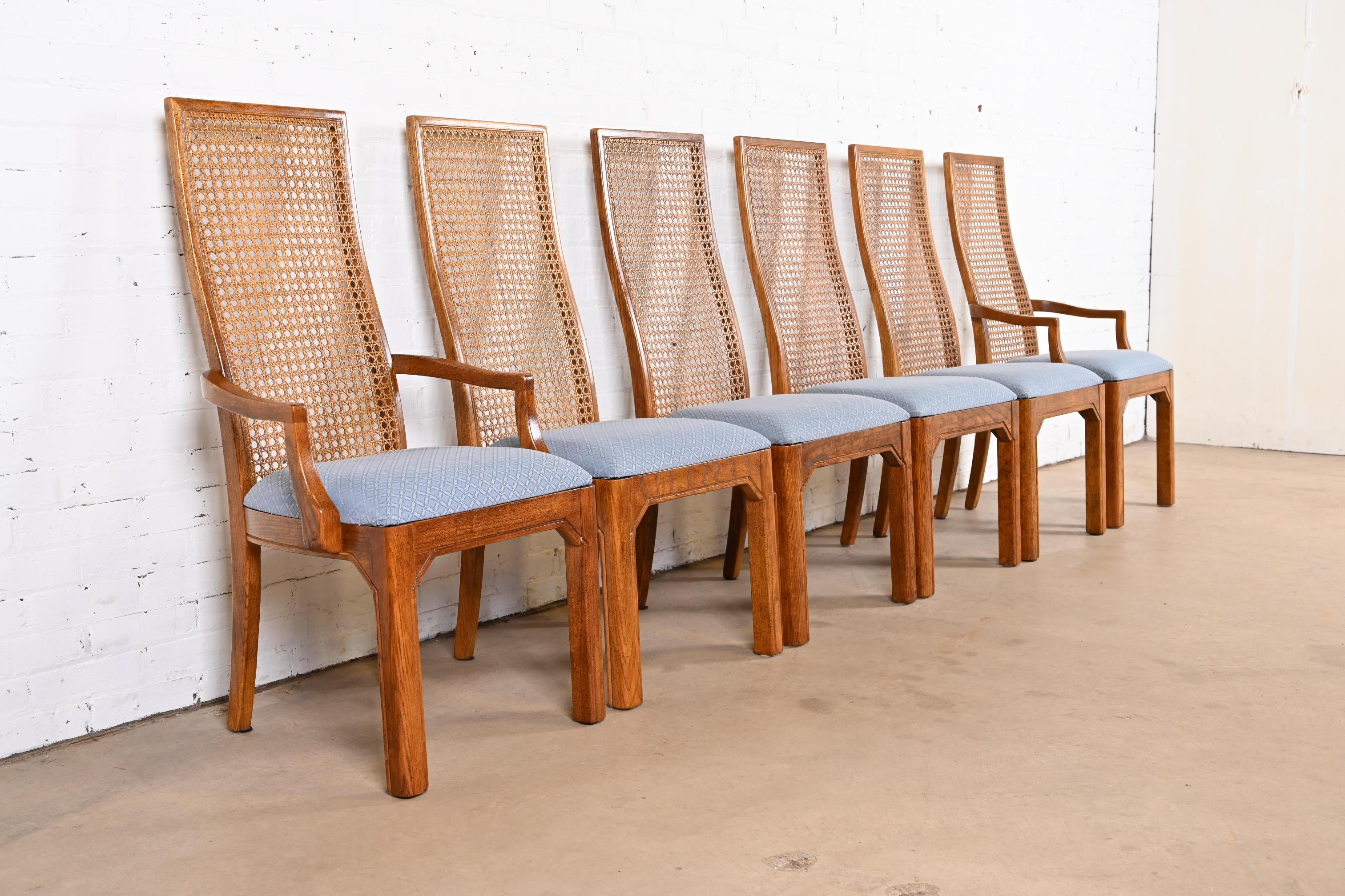Late 20th Century Thomasville Mid-Century Modern Oak and Cane High Back Dining Chairs, Set of Six