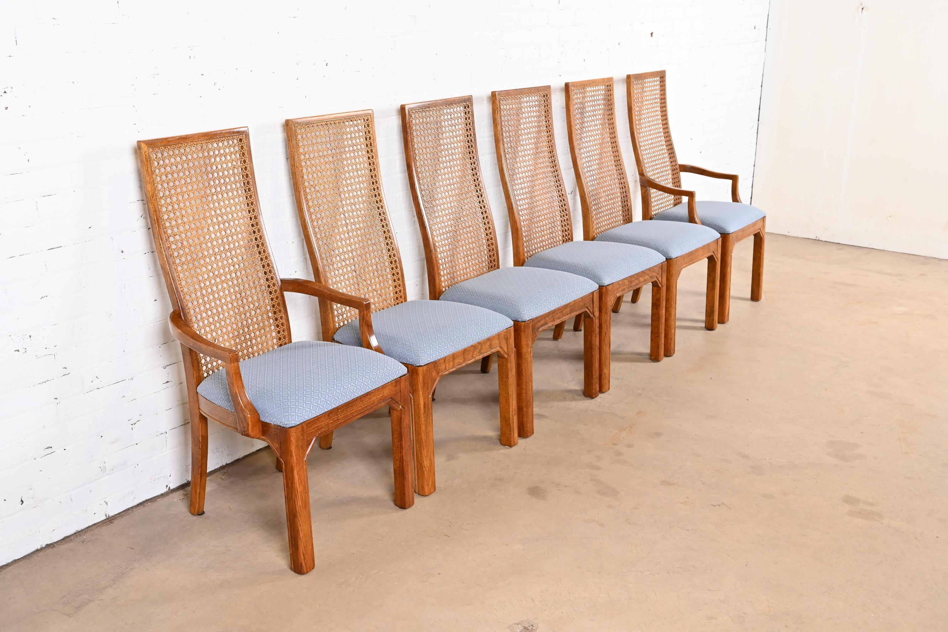 Upholstery Thomasville Mid-Century Modern Oak and Cane High Back Dining Chairs, Set of Six