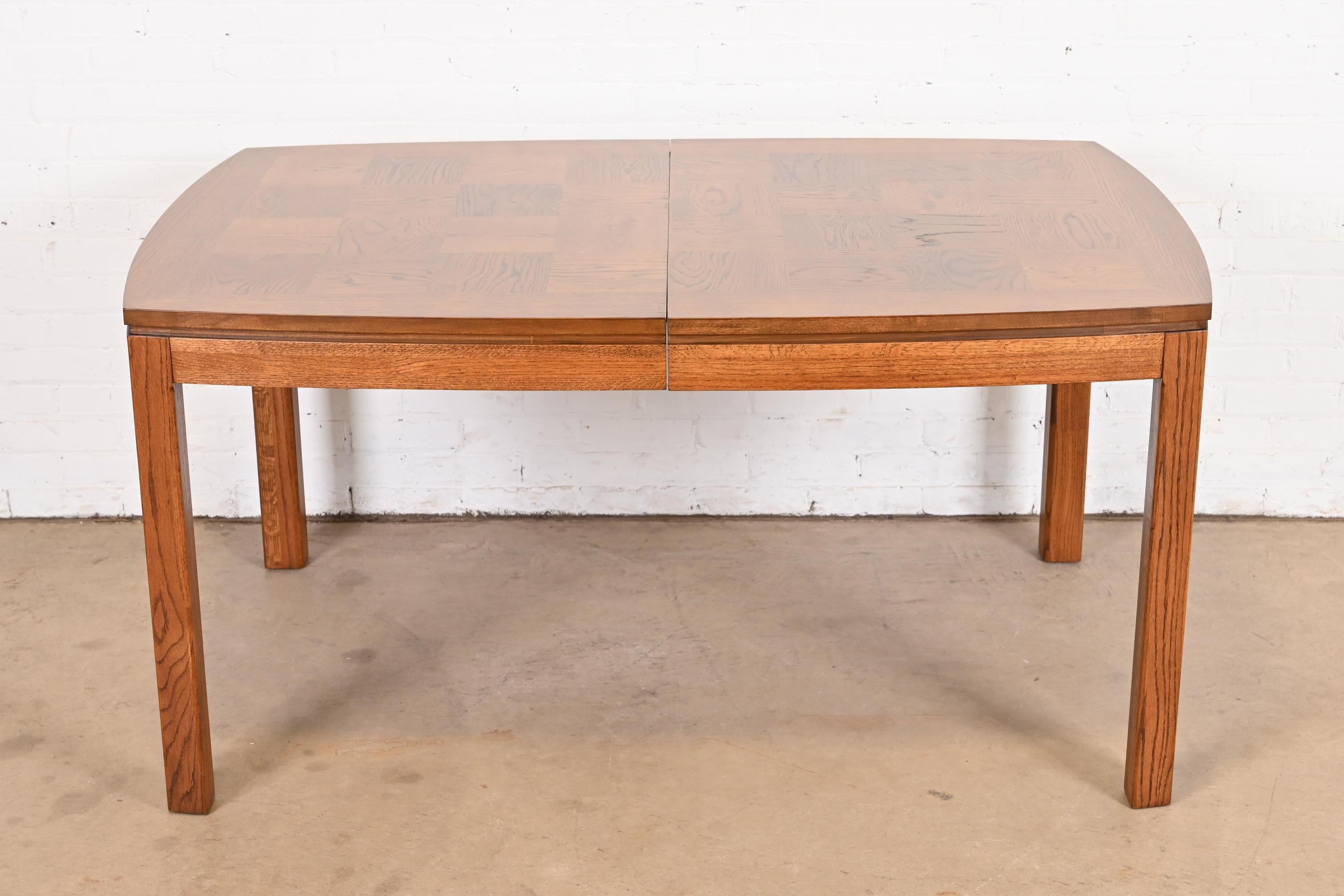 Thomasville Mid-Century Modern Patchwork Oak Parsons Dining Table, Refinished For Sale 6