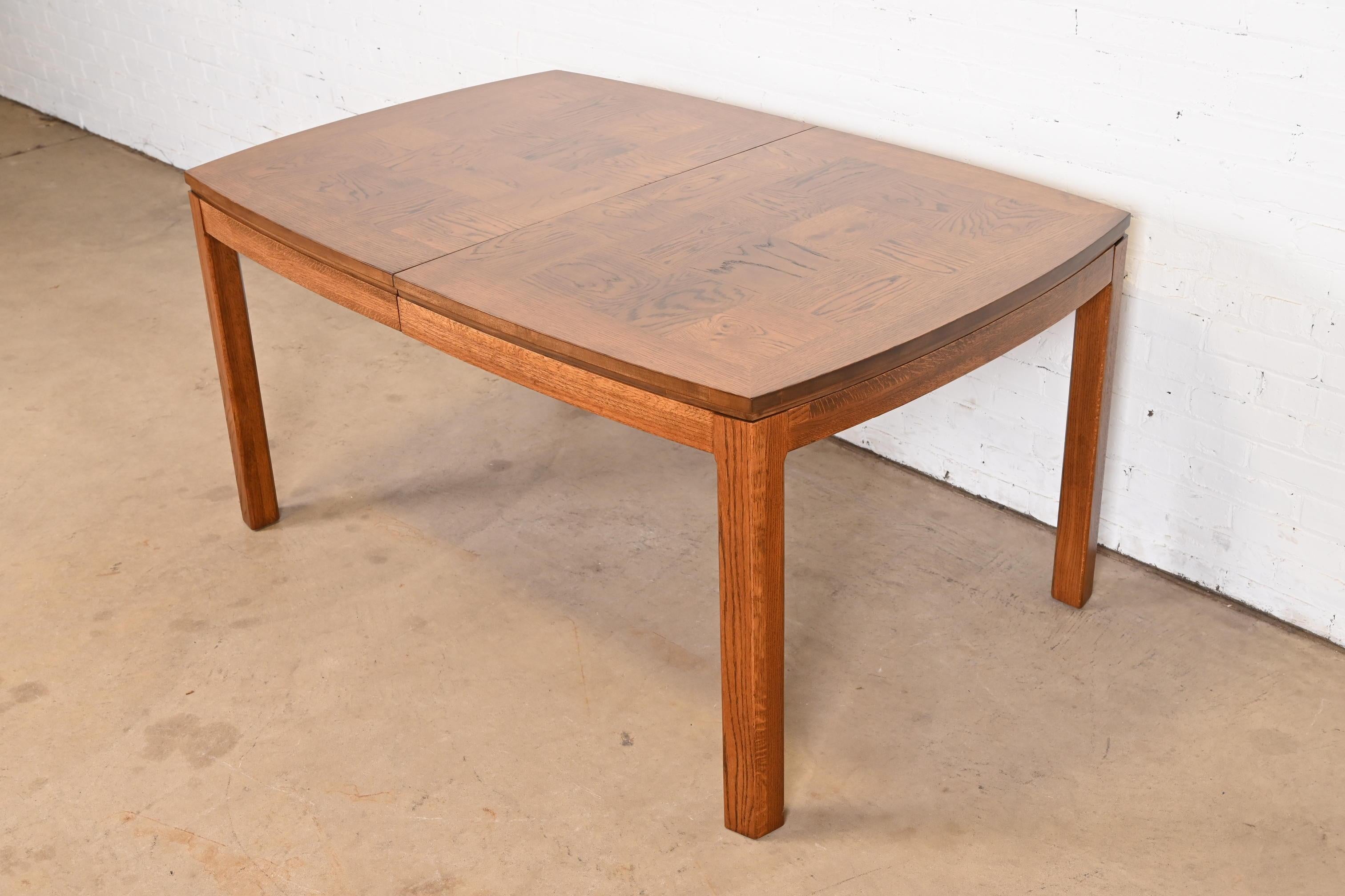 Thomasville Mid-Century Modern Patchwork Oak Parsons Dining Table, Refinished For Sale 7