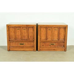 Thomasville Mid-Century Modern Sculpted Walnut Campaign Nightstands, Pair