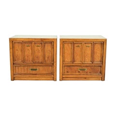 Thomasville Mid-Century Modern Sculpted Walnut Campaign Nightstands, Pair