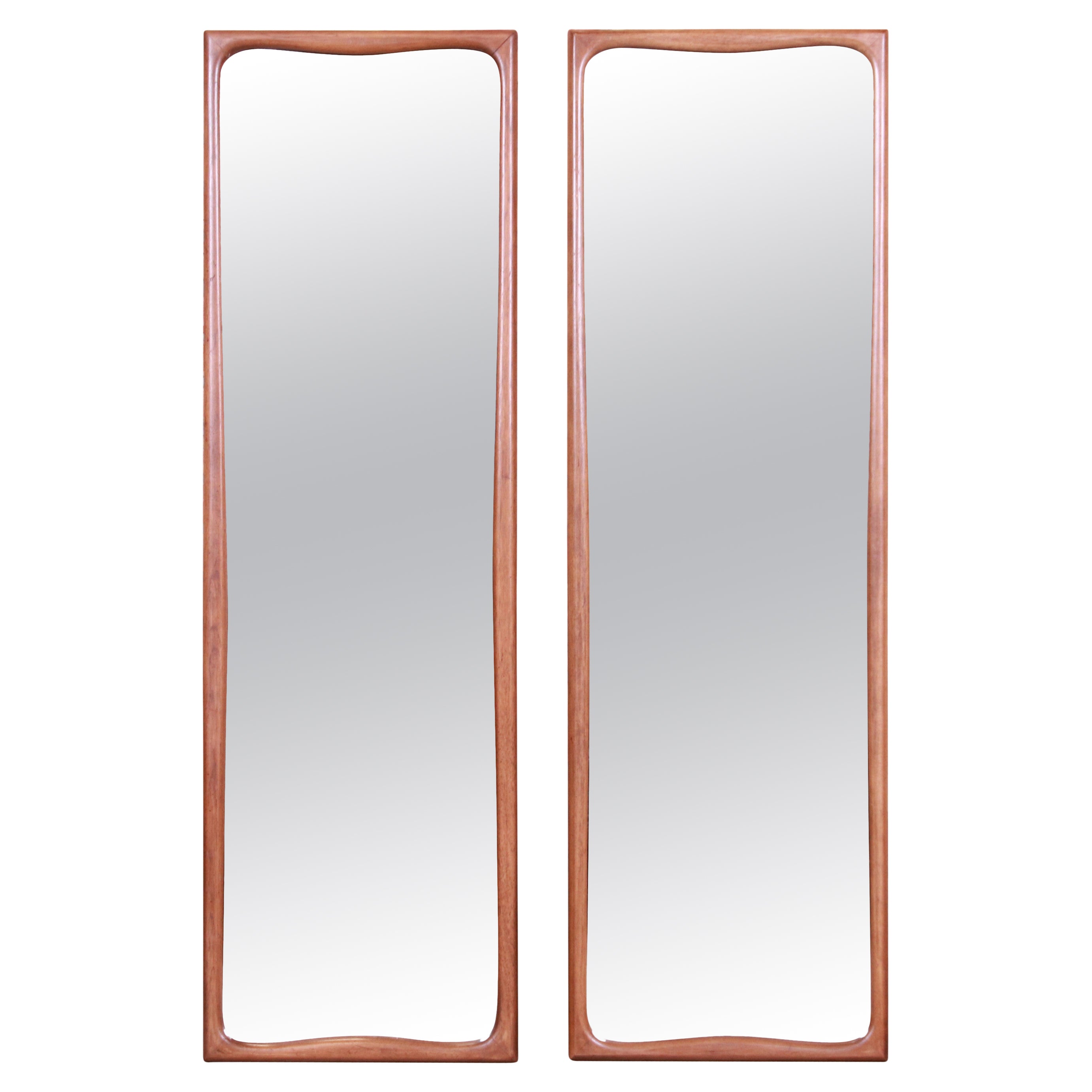Thomasville Mid-Century Modern Sculpted Walnut Framed Tall Mirrors, Pair