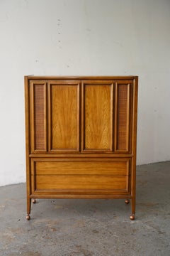 Thomasville Mid-Century Modern Walnut & Cane Gentleman’s Chest / Highboy Dresser