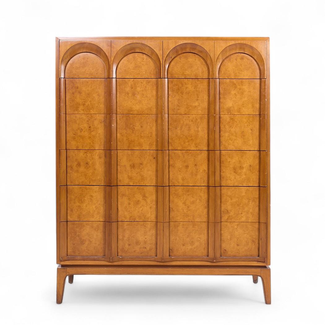 Thomasville Mid Century Sculptural Arched Walnut and Burlwood Highboy Dresser

This highboy measures: 42 wide x 19.25 deep x 52.5 inches high

All pieces of furniture can be had in what we call restored vintage condition. That means the piece is