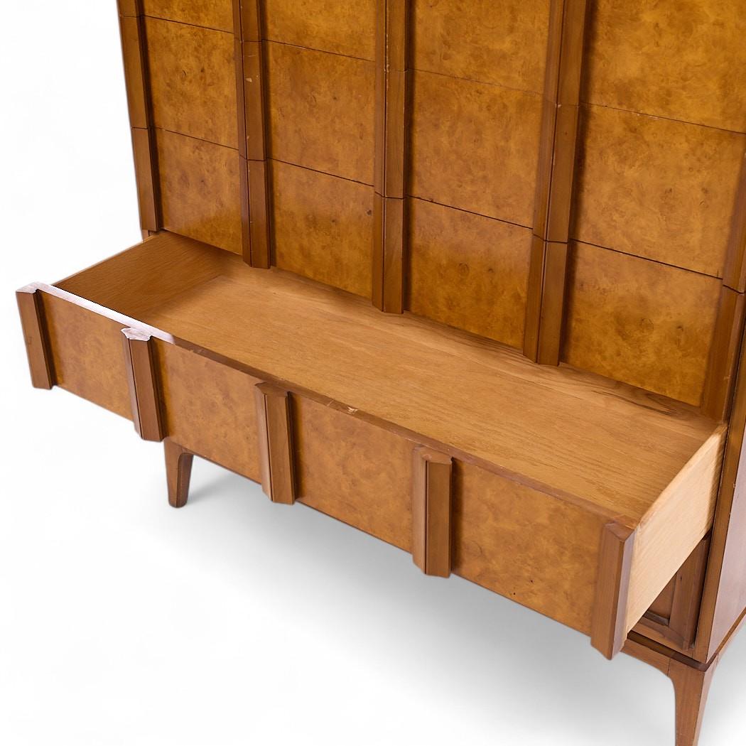 20th Century Thomasville Mid Century Sculptural Arched Walnut and Burlwood Highboy Dresser For Sale