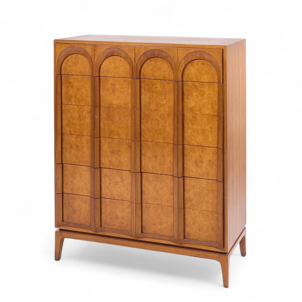 Thomasville Mid Century Sculptural Arched Walnut and Burlwood Highboy Dresser For Sale 1