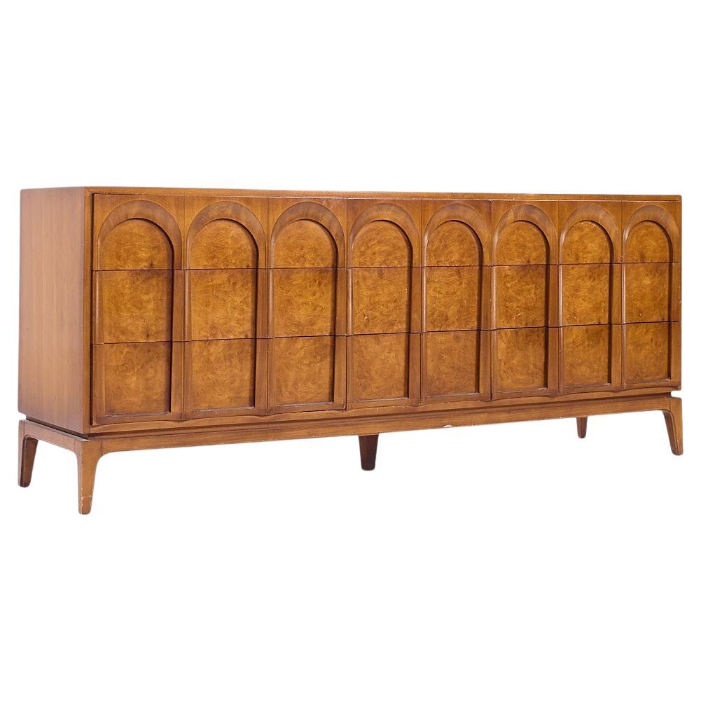 Thomasville Mid Century Sculptural Arched Walnut and Burlwood Lowboy Dresser