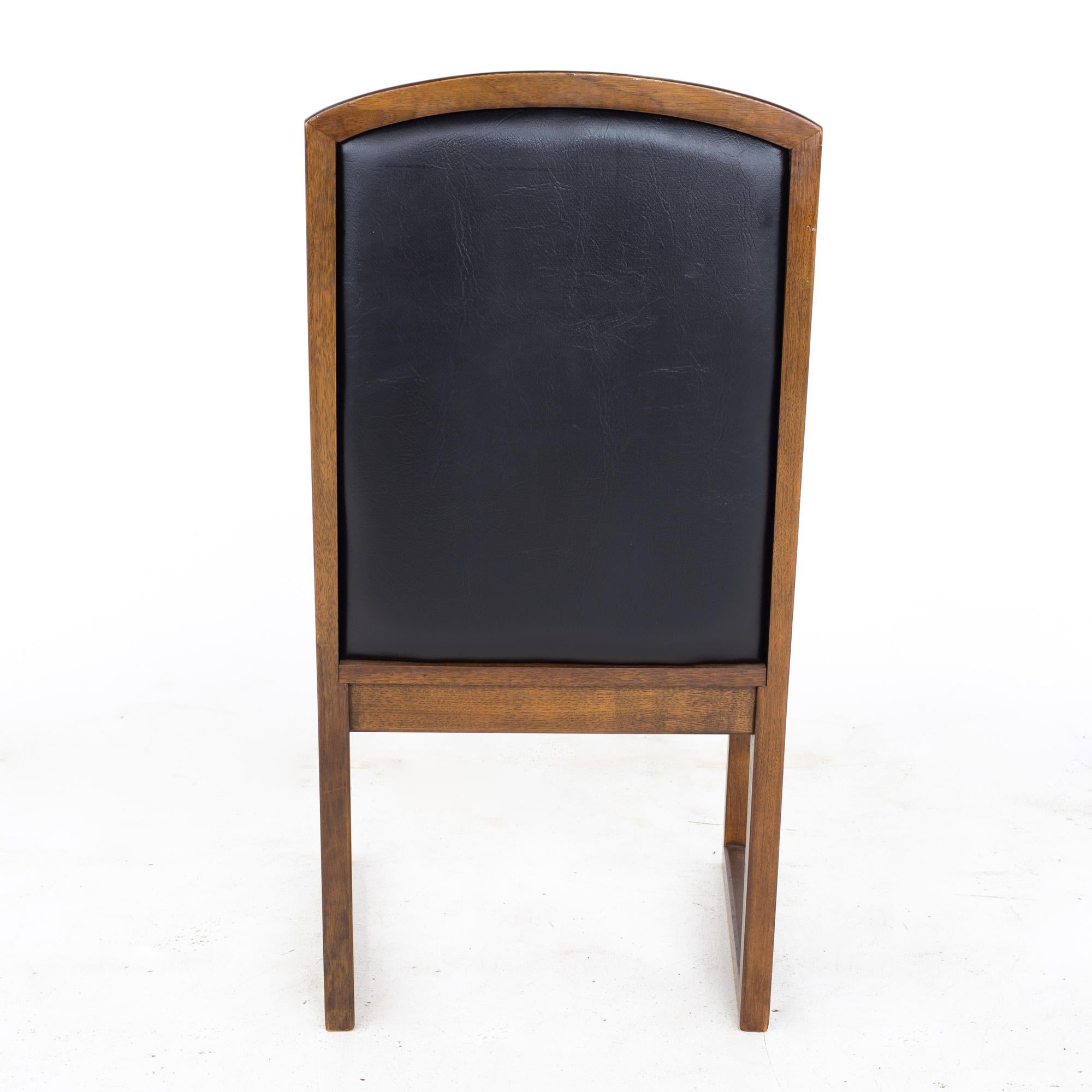 Late 20th Century Thomasville Mid Century Walnut and Black Naugahyde Sleigh Leg Dining Chairs, Se For Sale