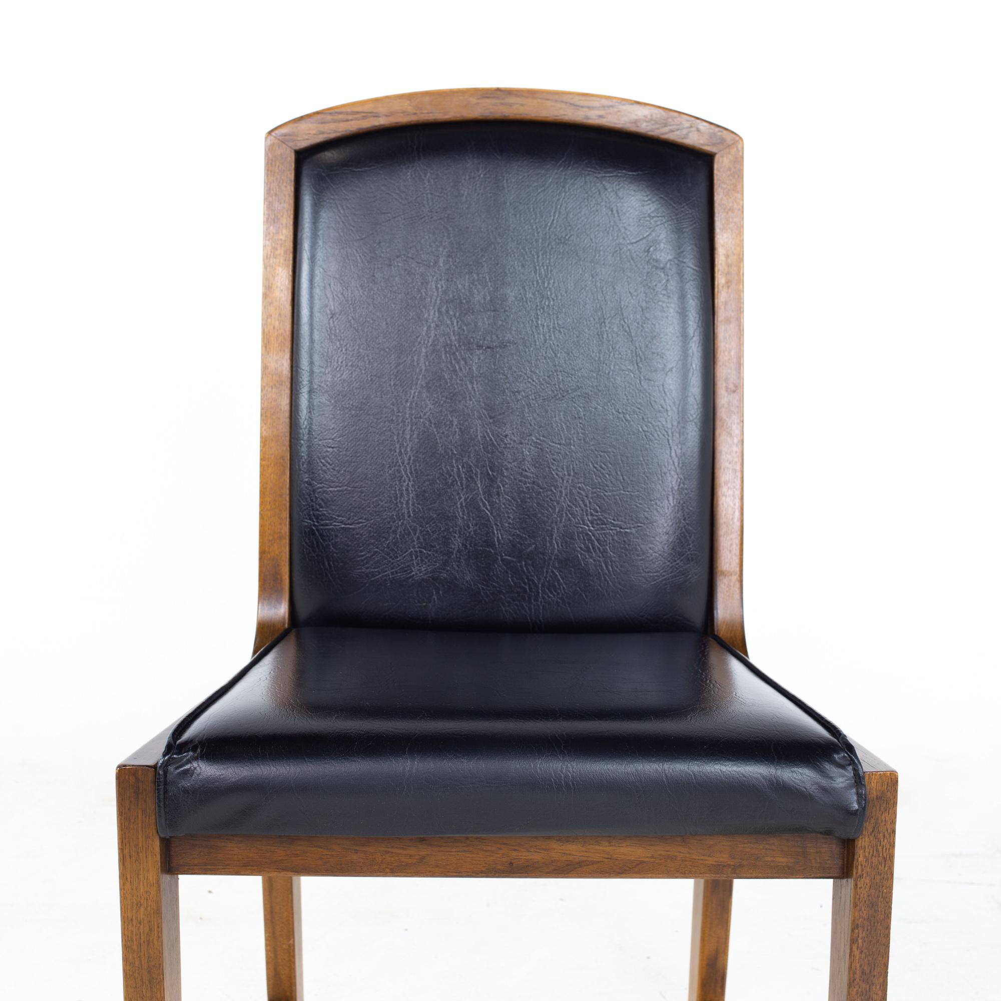 Thomasville Mid Century Walnut and Black Naugahyde Sleigh Leg Dining Chairs, Se For Sale 5