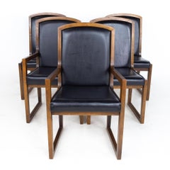 Thomasville Mid Century Walnut and Black Naugahyde Sleigh Leg Dining Chairs, Se