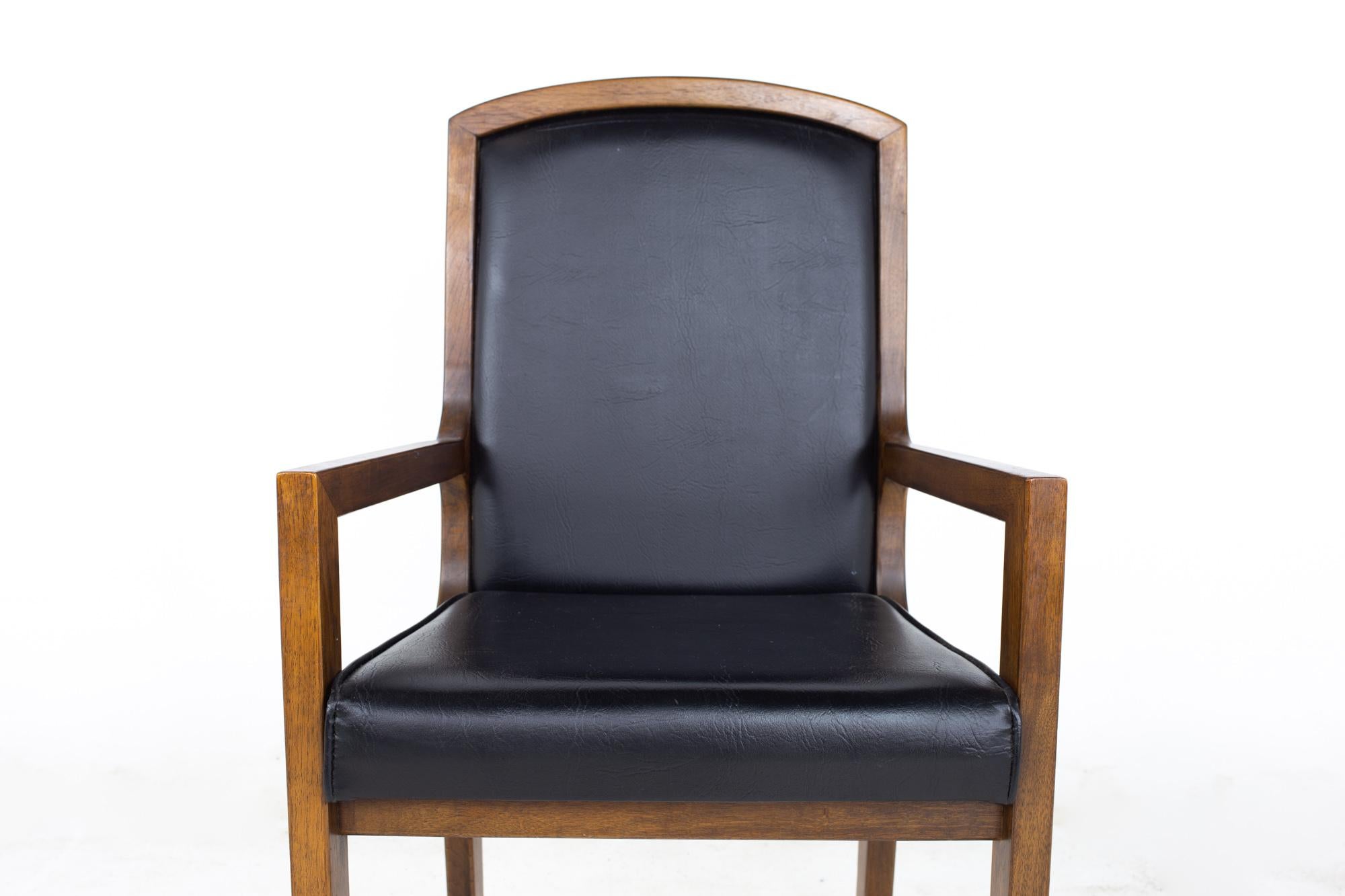 Blackened Thomasville Mid Century Walnut and Black Naugahyde Sleigh Leg Dining Chairs, Se For Sale