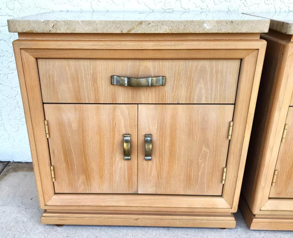 Thomasville Nightstands Blonde Marble Tops Pair In Good Condition For Sale In Lake Worth, FL