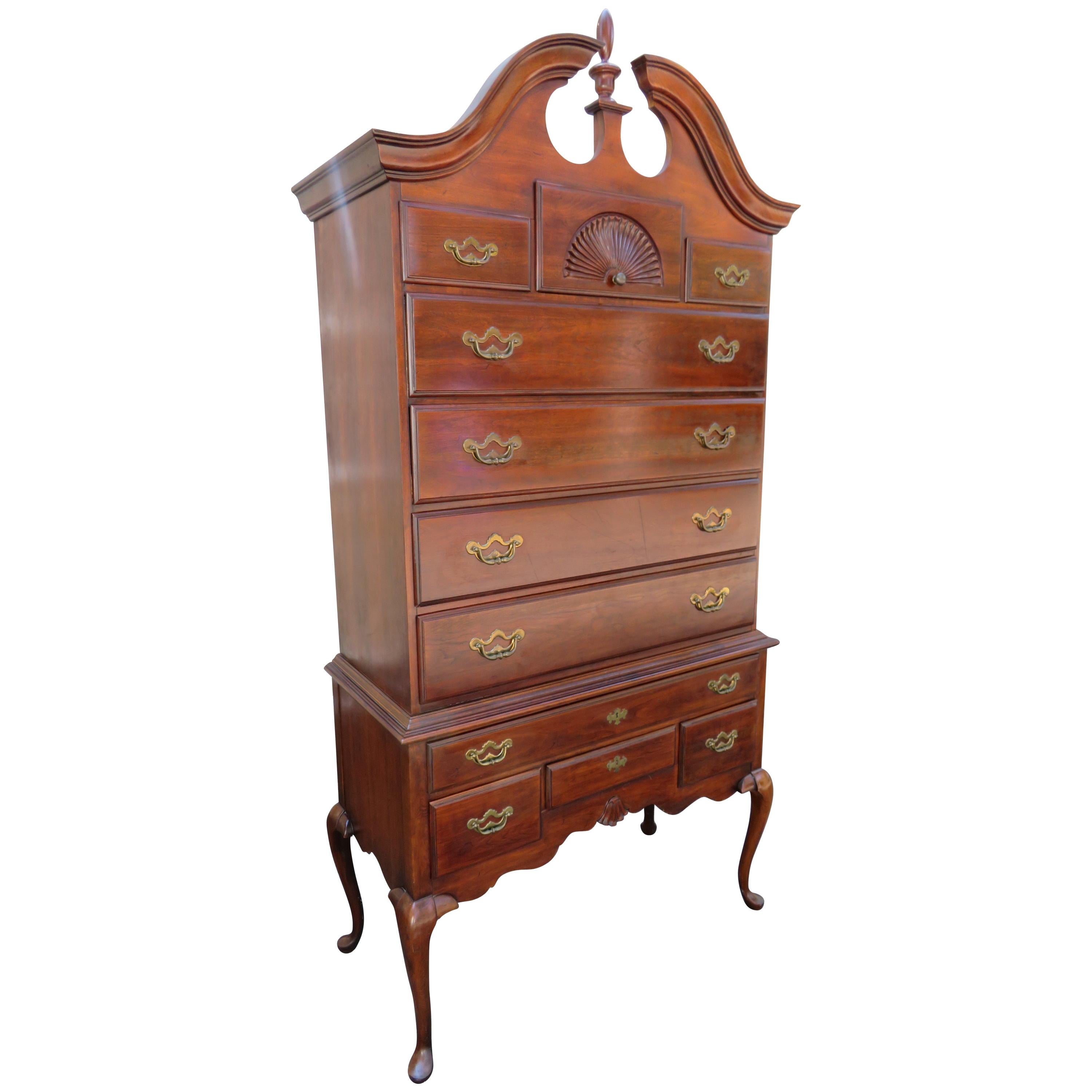 Thomasville Queen Anne Bonnet Top Maple Highboy Tall Chest of Drawers Dresser
