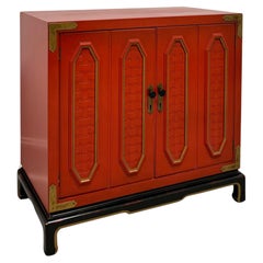 Vintage THOMASVILLE Red & Black Lacquered Asian Campaign Style Console Cabinet