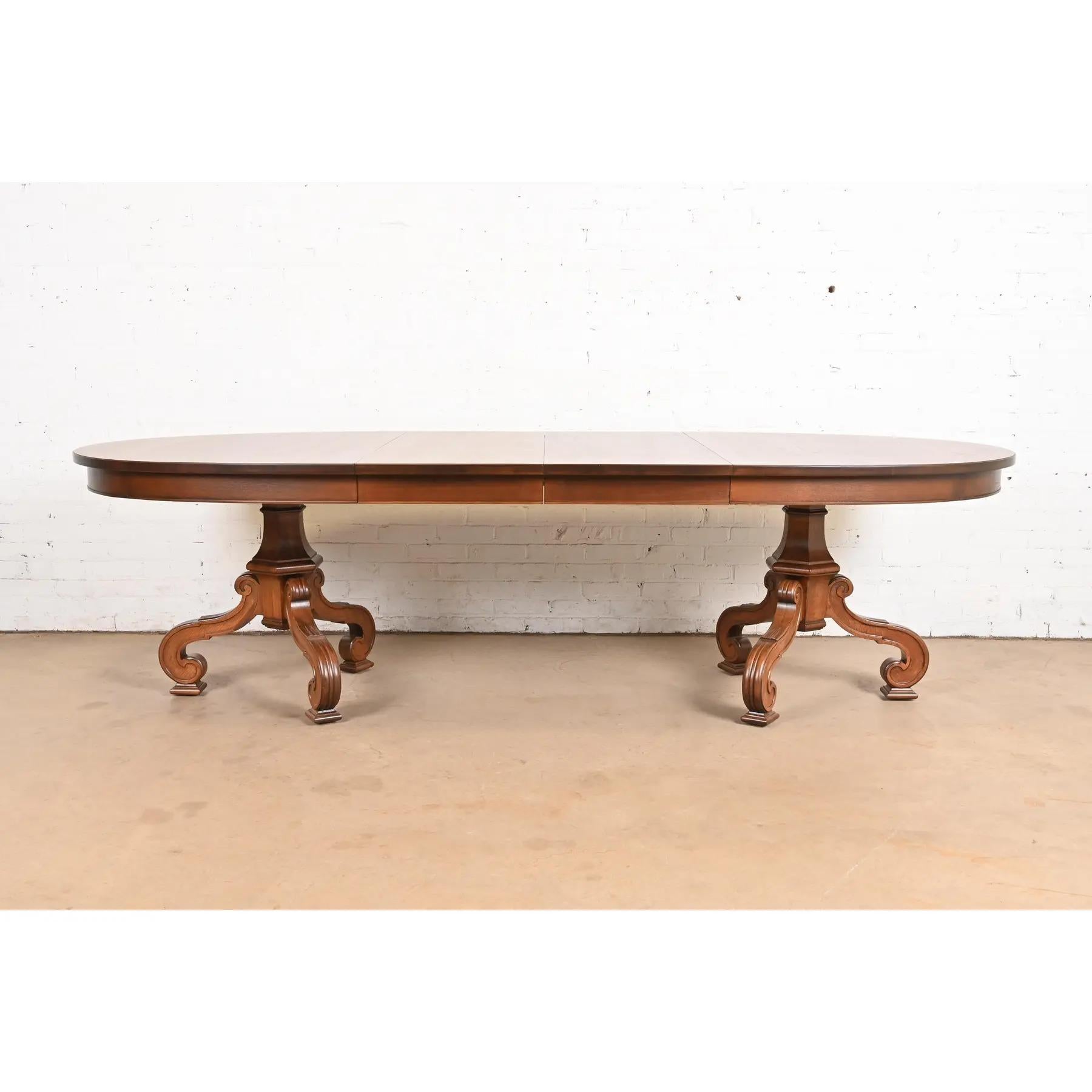 Thomasville Regency Walnut and Burl Wood Pedestal Dining Table, Refinished In Good Condition For Sale In South Bend, IN