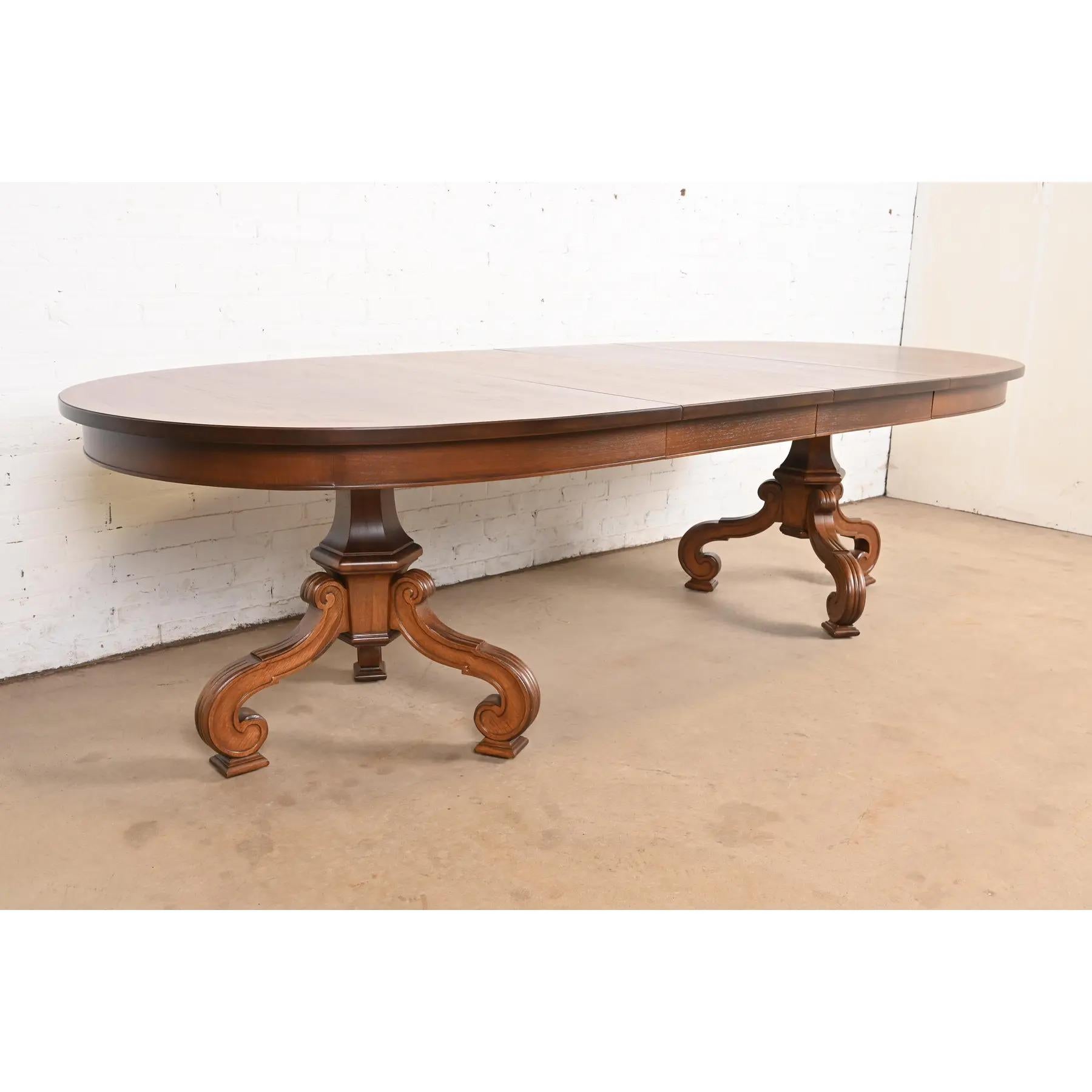 Mid-20th Century Thomasville Regency Walnut and Burl Wood Pedestal Dining Table, Refinished For Sale