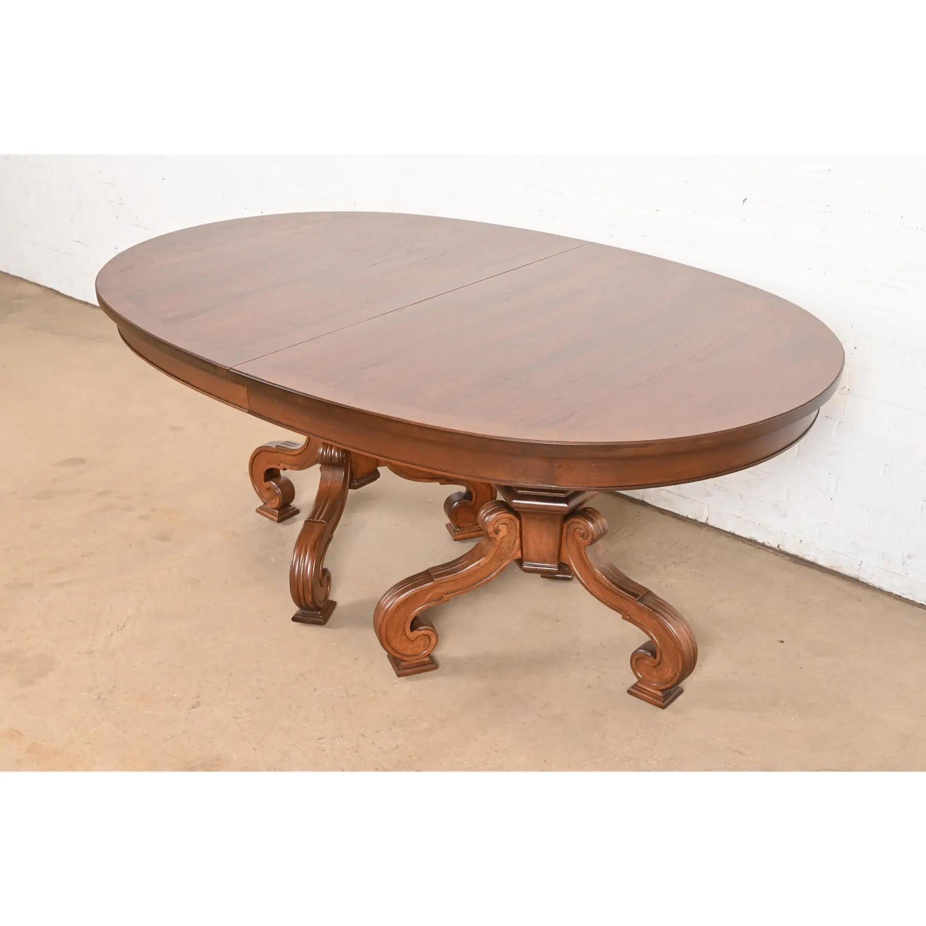Thomasville Regency Walnut and Burl Wood Pedestal Dining Table, Refinished For Sale 4
