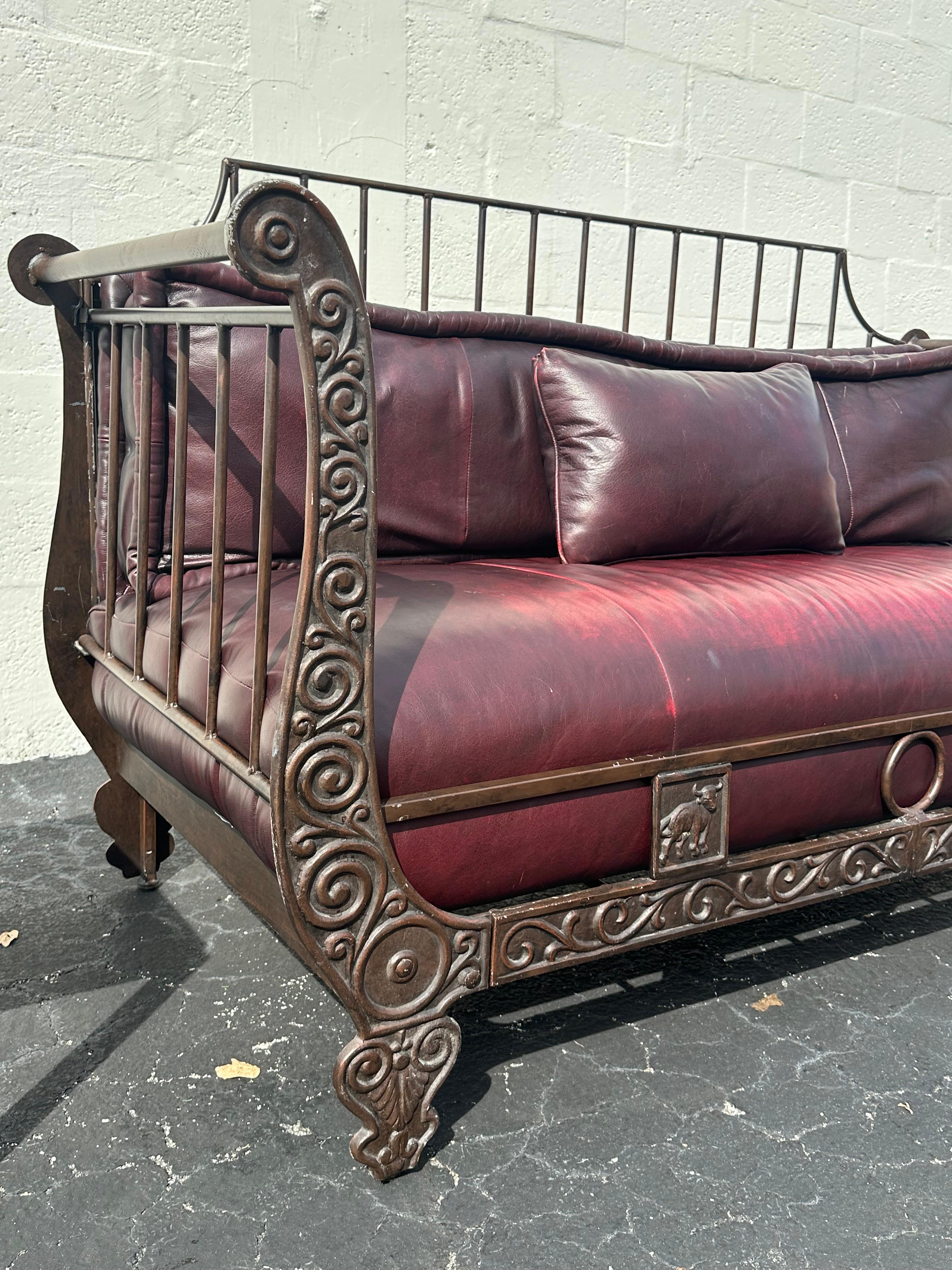 Thomasville Rustic Industrial Sculptural Iron Bull Burgundy Leather Daybed Sofa For Sale 5