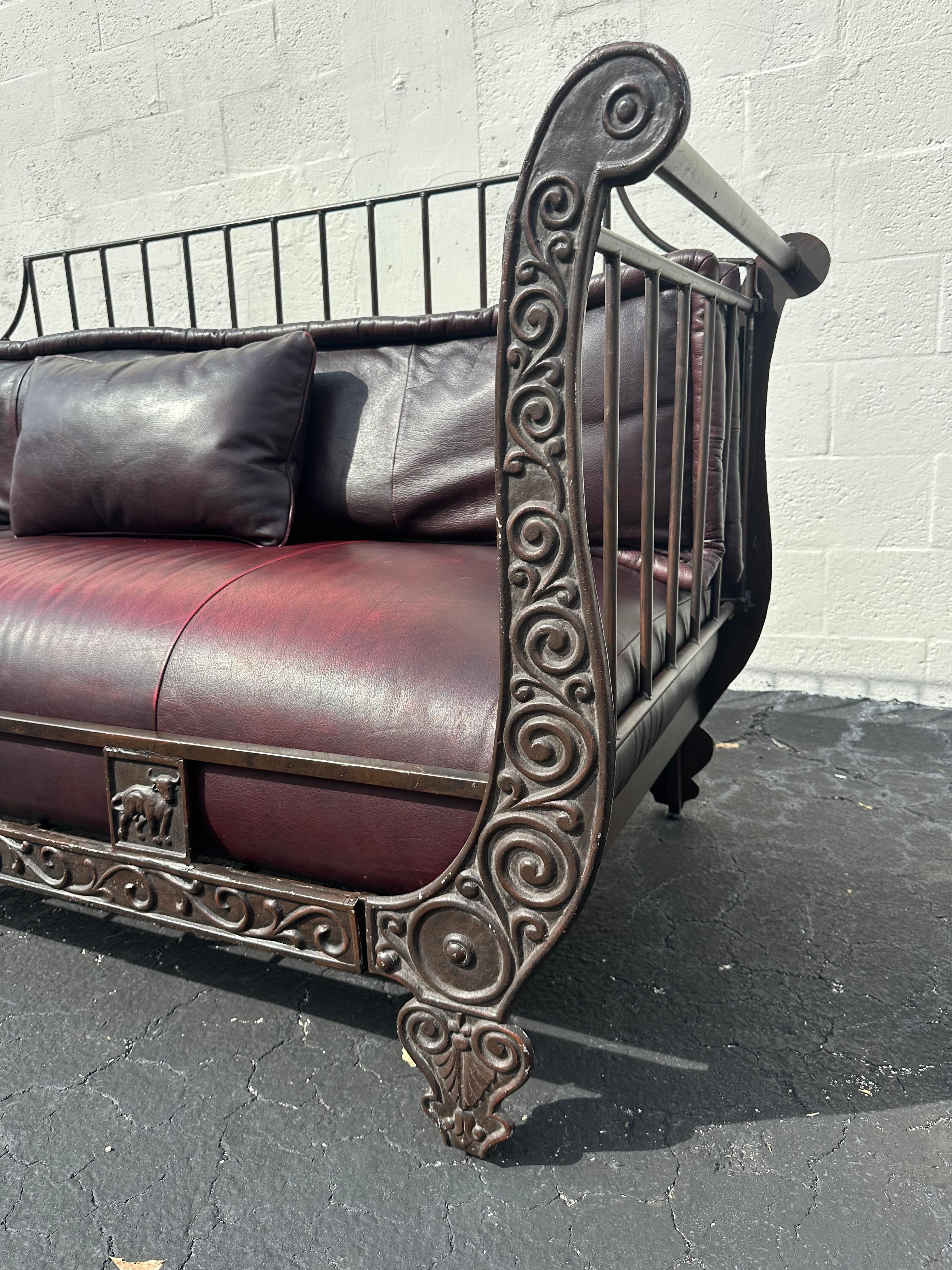 Thomasville Rustic Industrial Sculptural Iron Bull Burgundy Leather Daybed Sofa For Sale 6