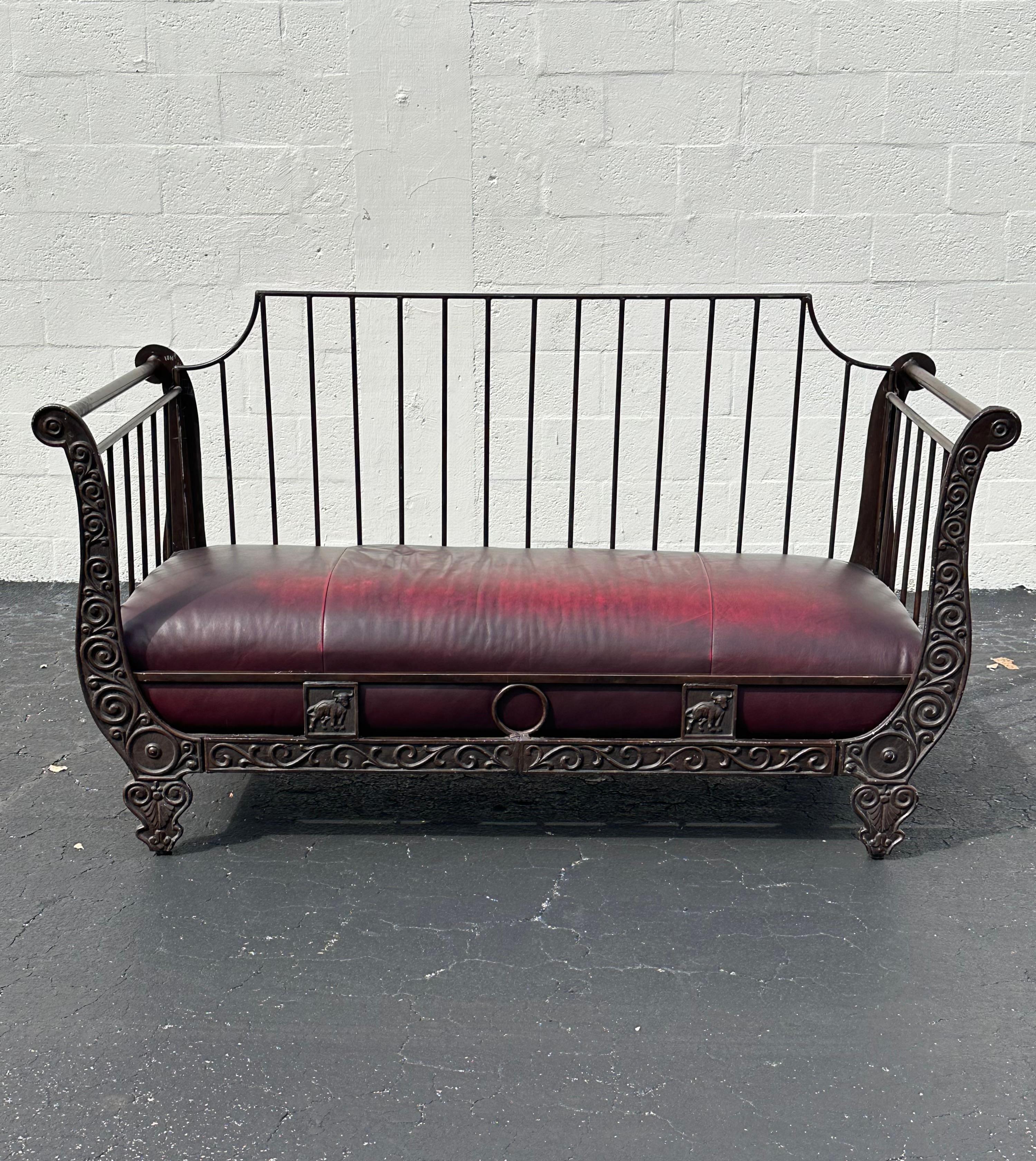Thomasville Rustic Industrial Sculptural Iron Bull Burgundy Leather Daybed Sofa For Sale 7