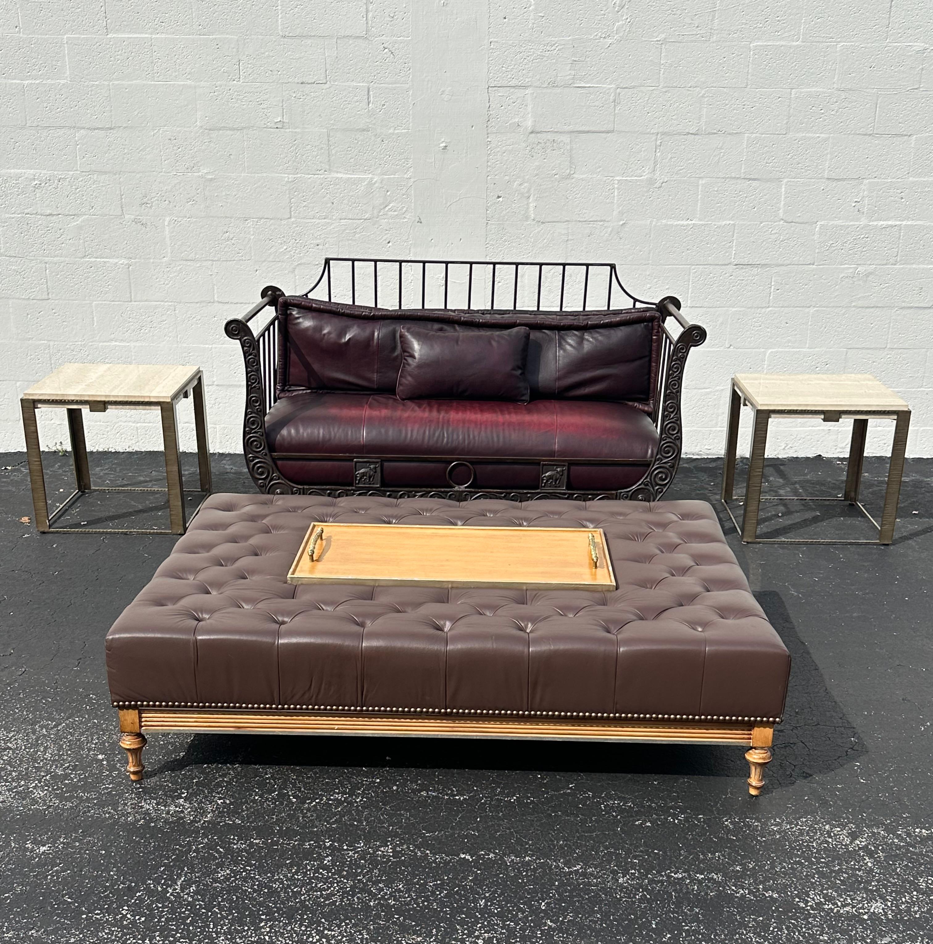 Thomasville Rustic Industrial Sculptural Iron Bull Burgundy Leather Daybed Sofa For Sale 8