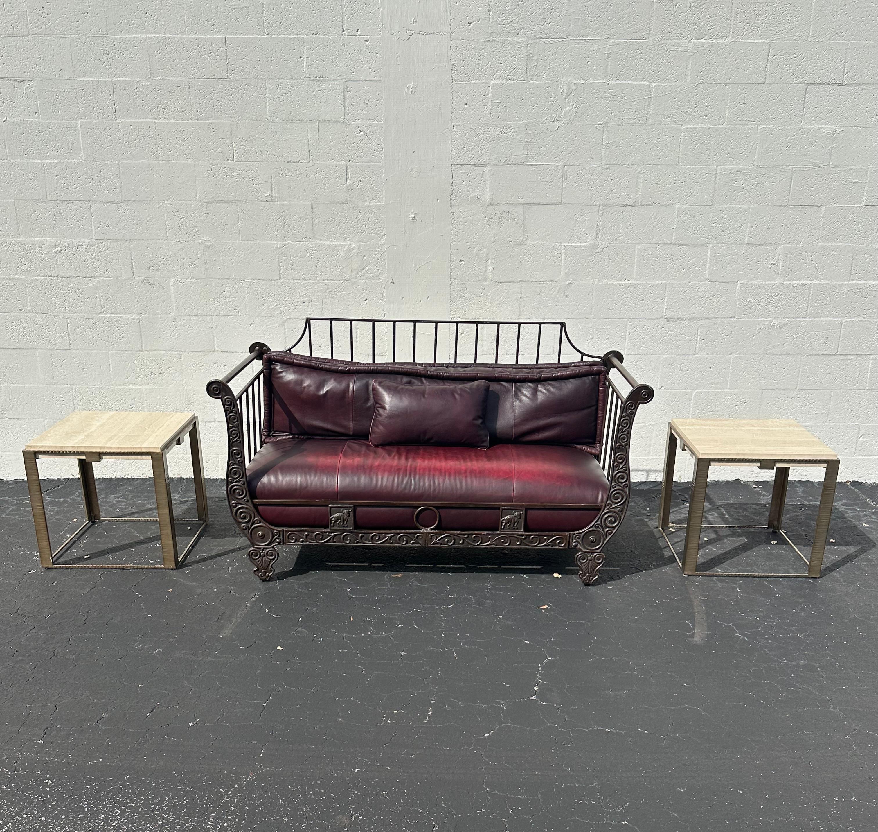 Thomasville Rustic Industrial Sculptural Iron Bull Burgundy Leather Daybed Sofa For Sale 9