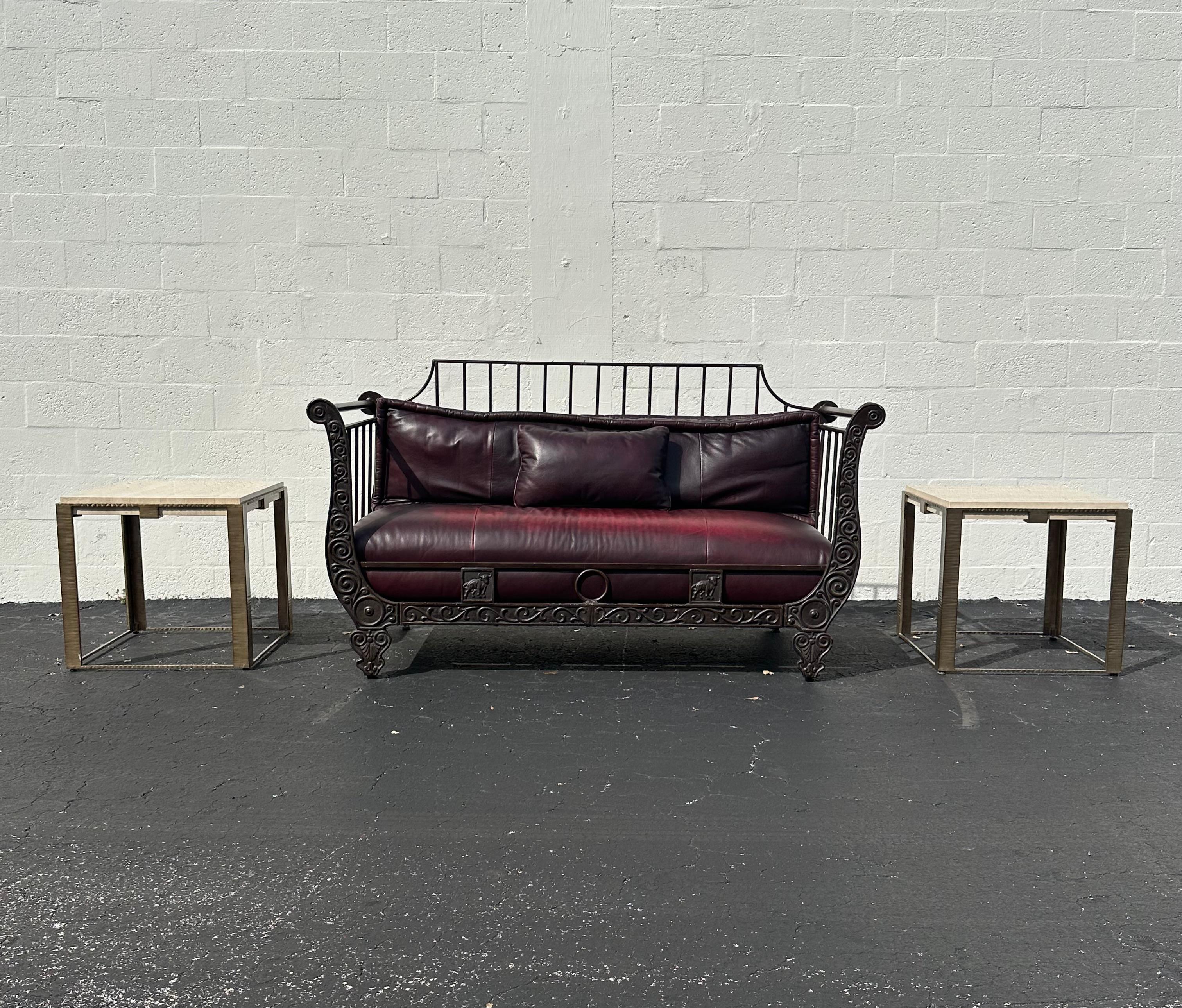 Thomasville Rustic Industrial Sculptural Iron Bull Burgundy Leather Daybed Sofa For Sale 10
