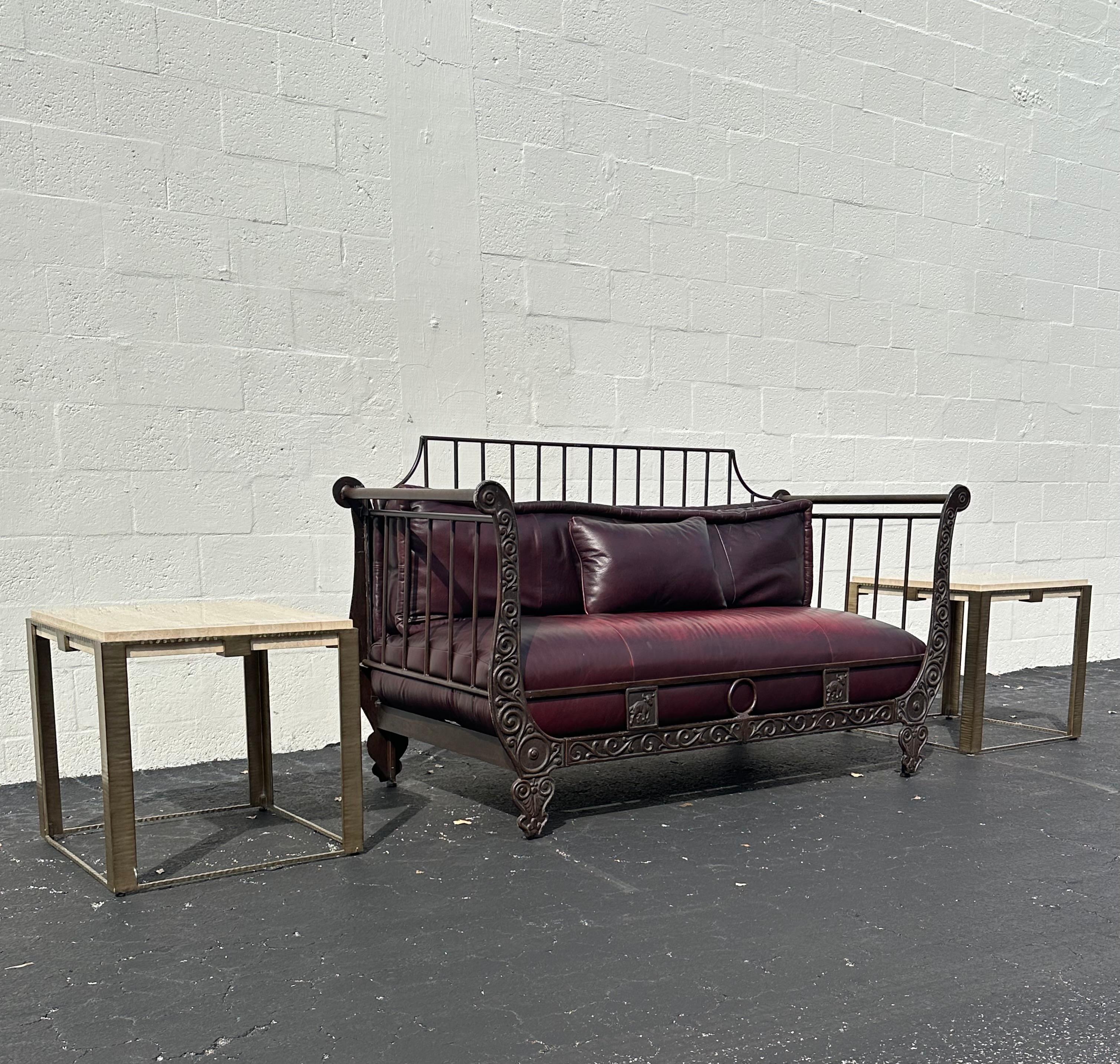Thomasville Rustic Industrial Sculptural Iron Bull Burgundy Leather Daybed Sofa For Sale 11