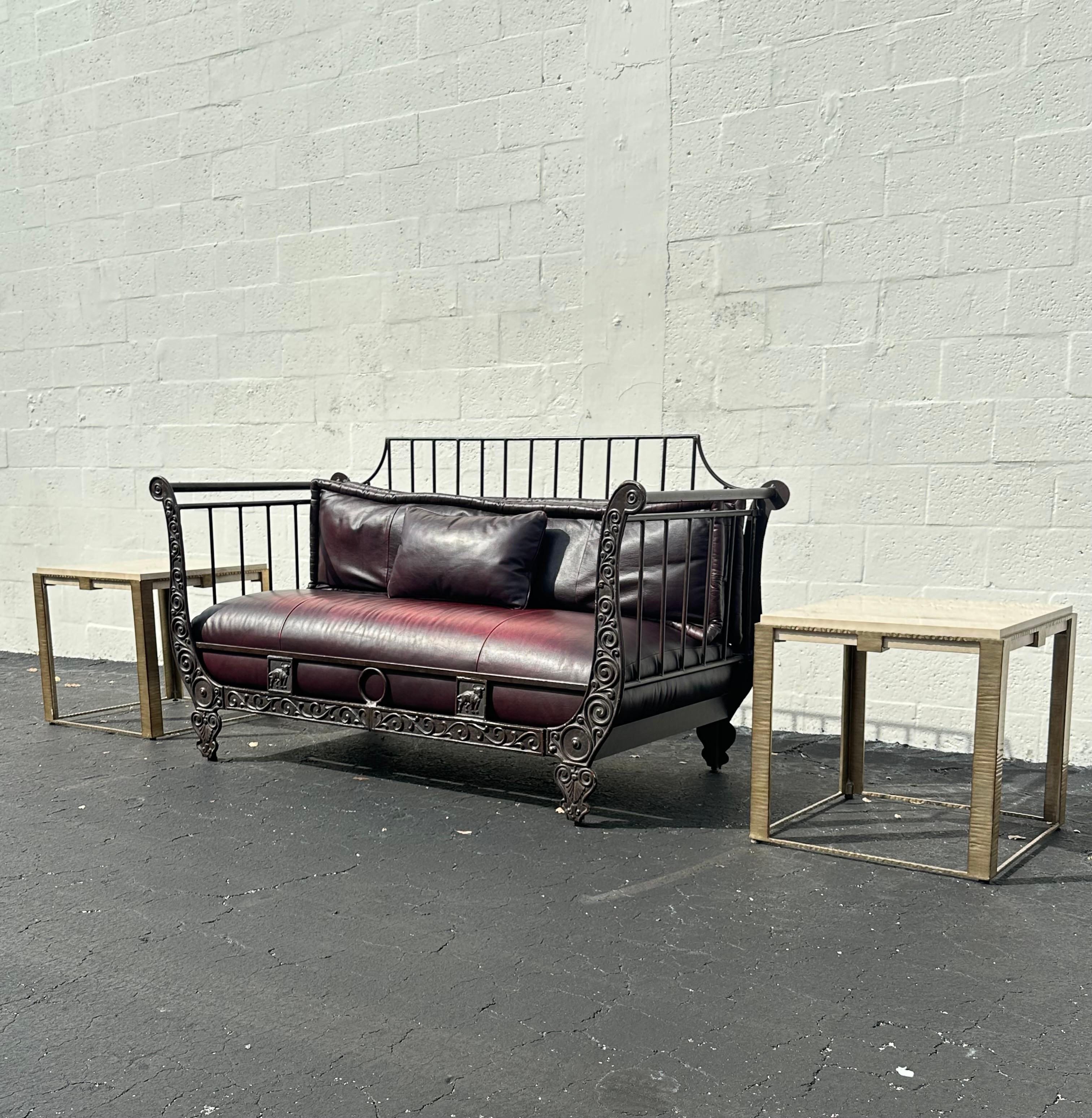 Thomasville Rustic Industrial Sculptural Iron Bull Burgundy Leather Daybed Sofa For Sale 12