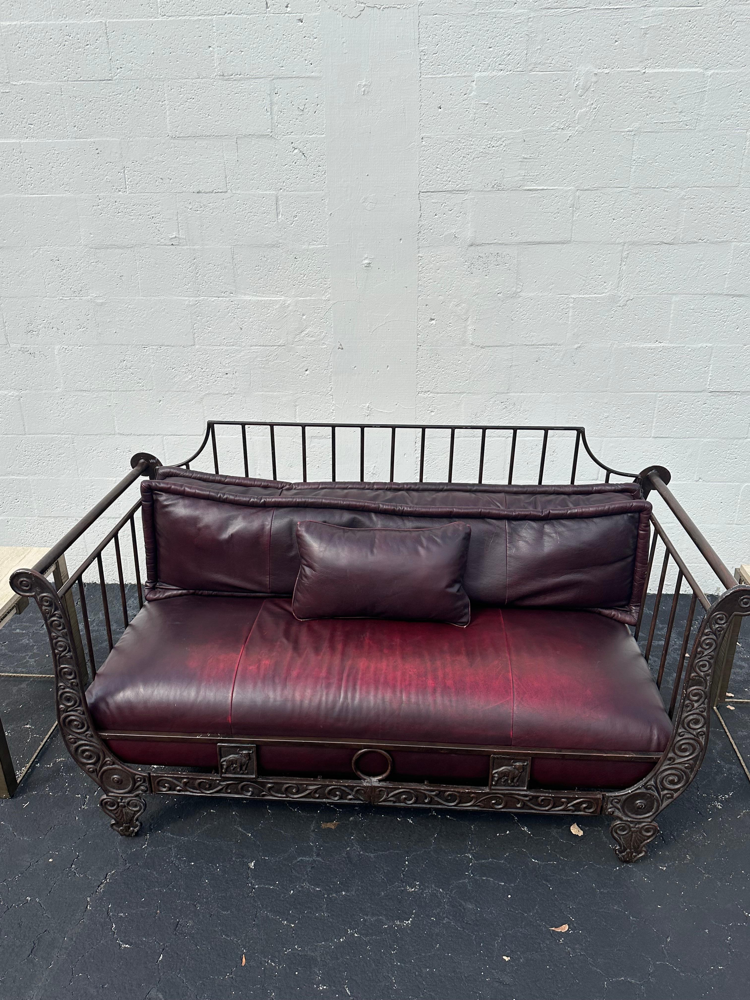 American Thomasville Rustic Industrial Sculptural Iron Bull Burgundy Leather Daybed Sofa For Sale