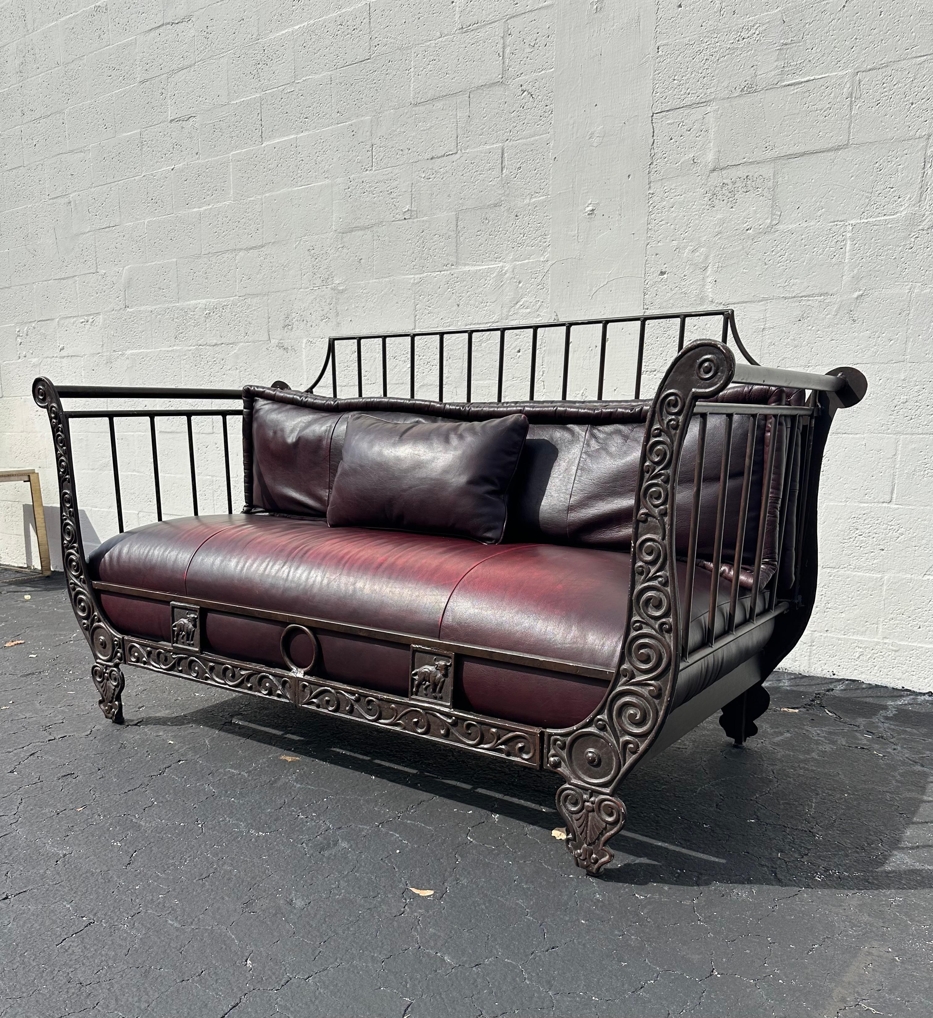 Thomasville Rustic Industrial Sculptural Iron Bull Burgundy Leather Daybed Sofa In Good Condition For Sale In Fort Lauderdale, FL