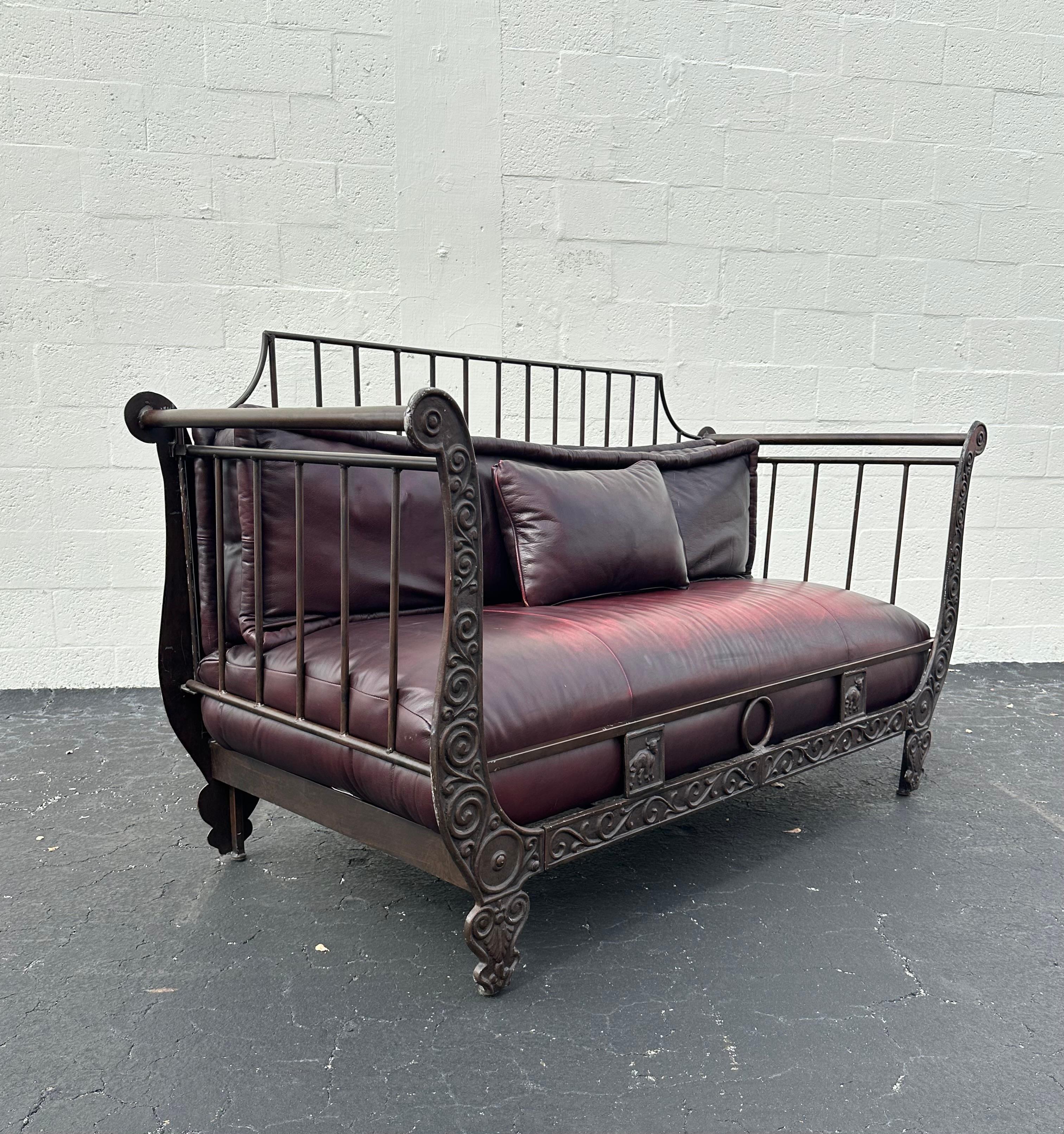 Contemporary Thomasville Rustic Industrial Sculptural Iron Bull Burgundy Leather Daybed Sofa For Sale